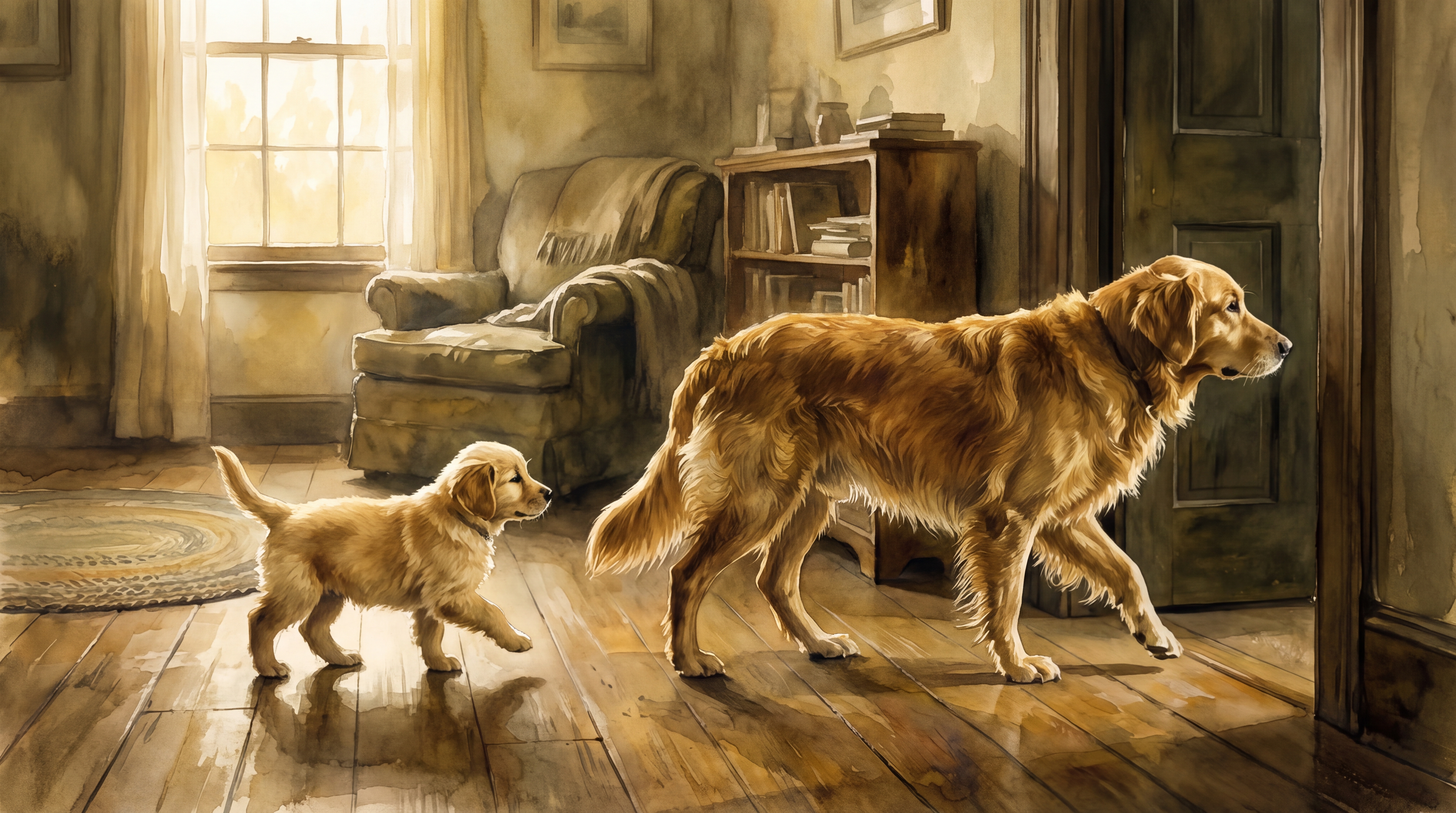 Infographic: Social learning theory - watercolor illustration of a young Golden Retriever puppy mirroring the calm movement of an adult Golden Retriever through a doorway, depicting observational learning as the puppy absorbs adult behavior without direct instruction - Just Behaving Wiki