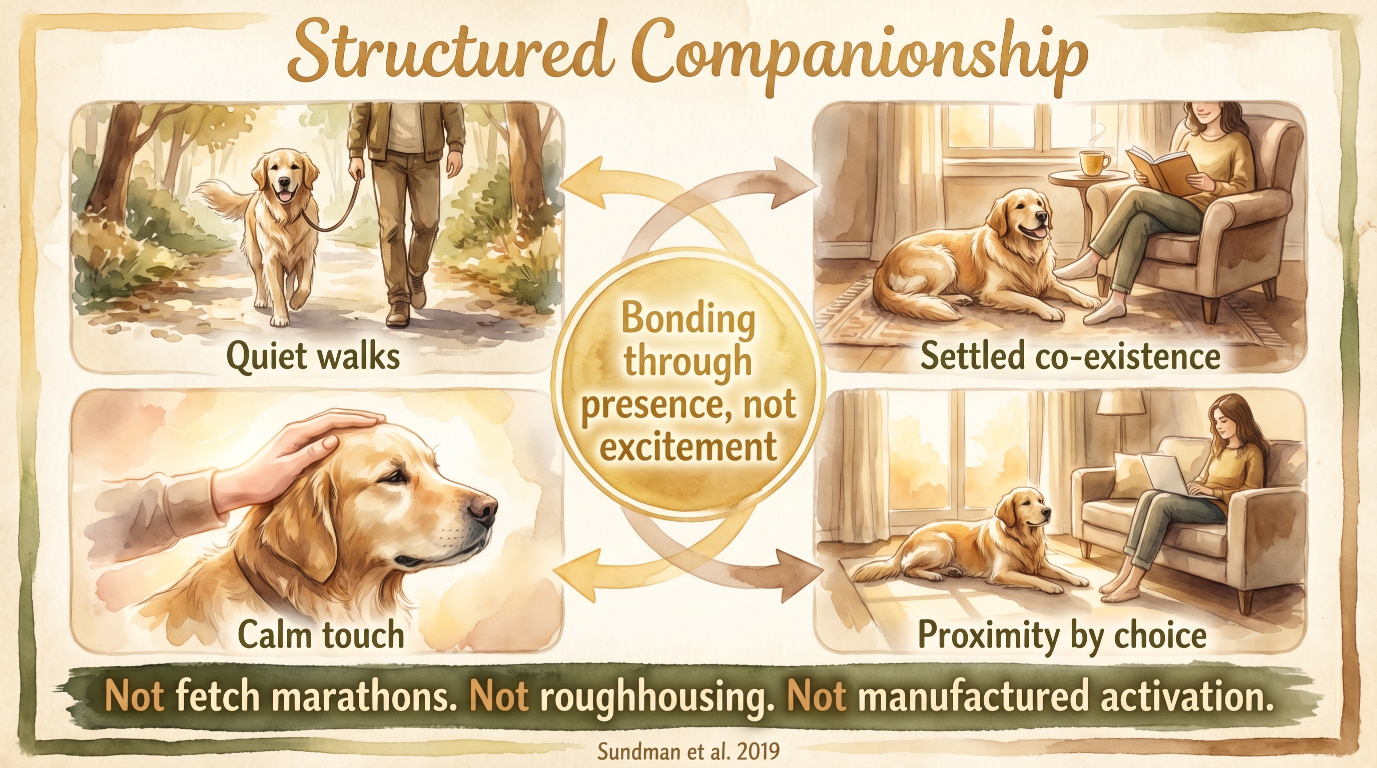 Infographic: Structured companionship - four vignettes of bonding through calm shared presence including quiet walks, settled co-existence, calm touch, and proximity by choice - Just Behaving Wiki