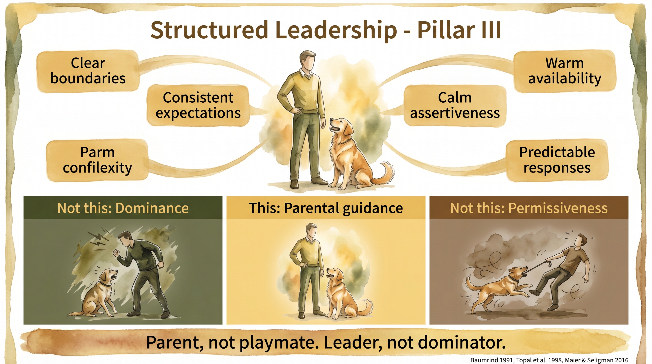 Infographic: Structured leadership pillar three - calm parental authority with five attributes contrasted against dominance theater and permissive drift - Just Behaving Wiki