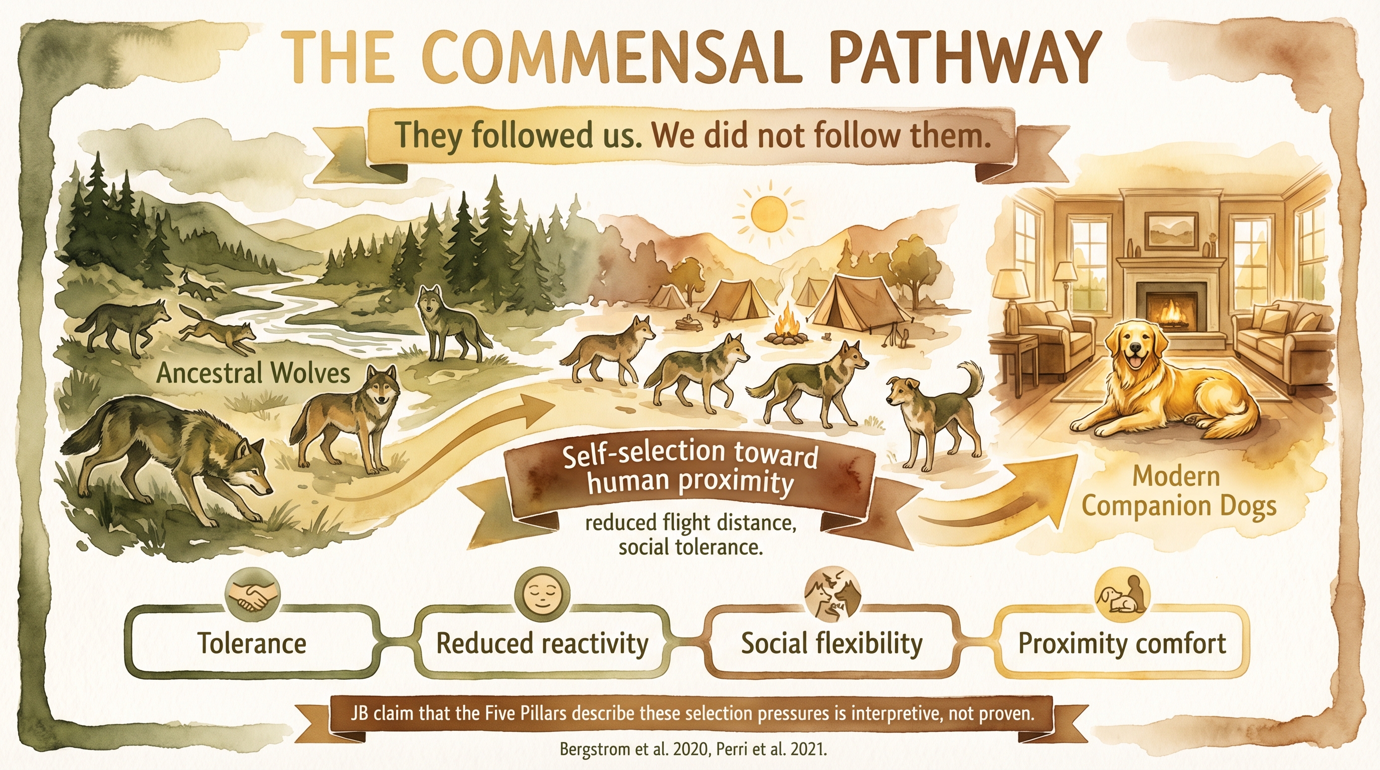 Infographic: The commensal pathway - evolutionary flow from wolves through proto-dog self-selection toward human proximity to modern domestic dogs with selection pressures identified - Just Behaving Wiki