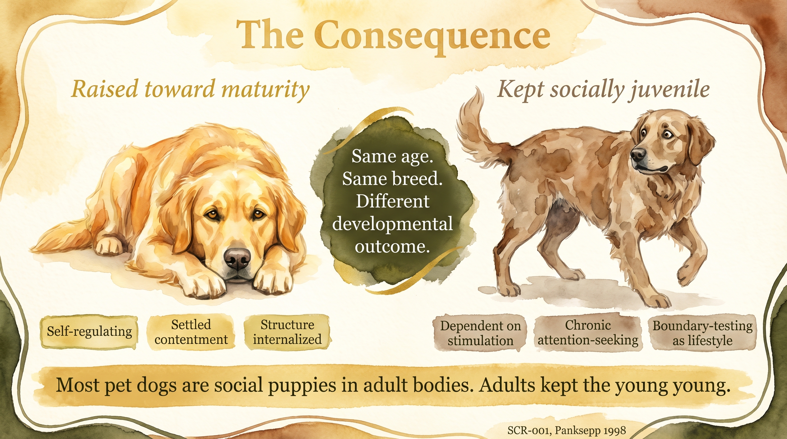 Infographic: The consequence - two adult Golden Retrievers of the same age comparing one raised toward maturity and self-regulation against one kept socially juvenile and dependent on stimulation - Just Behaving Wiki