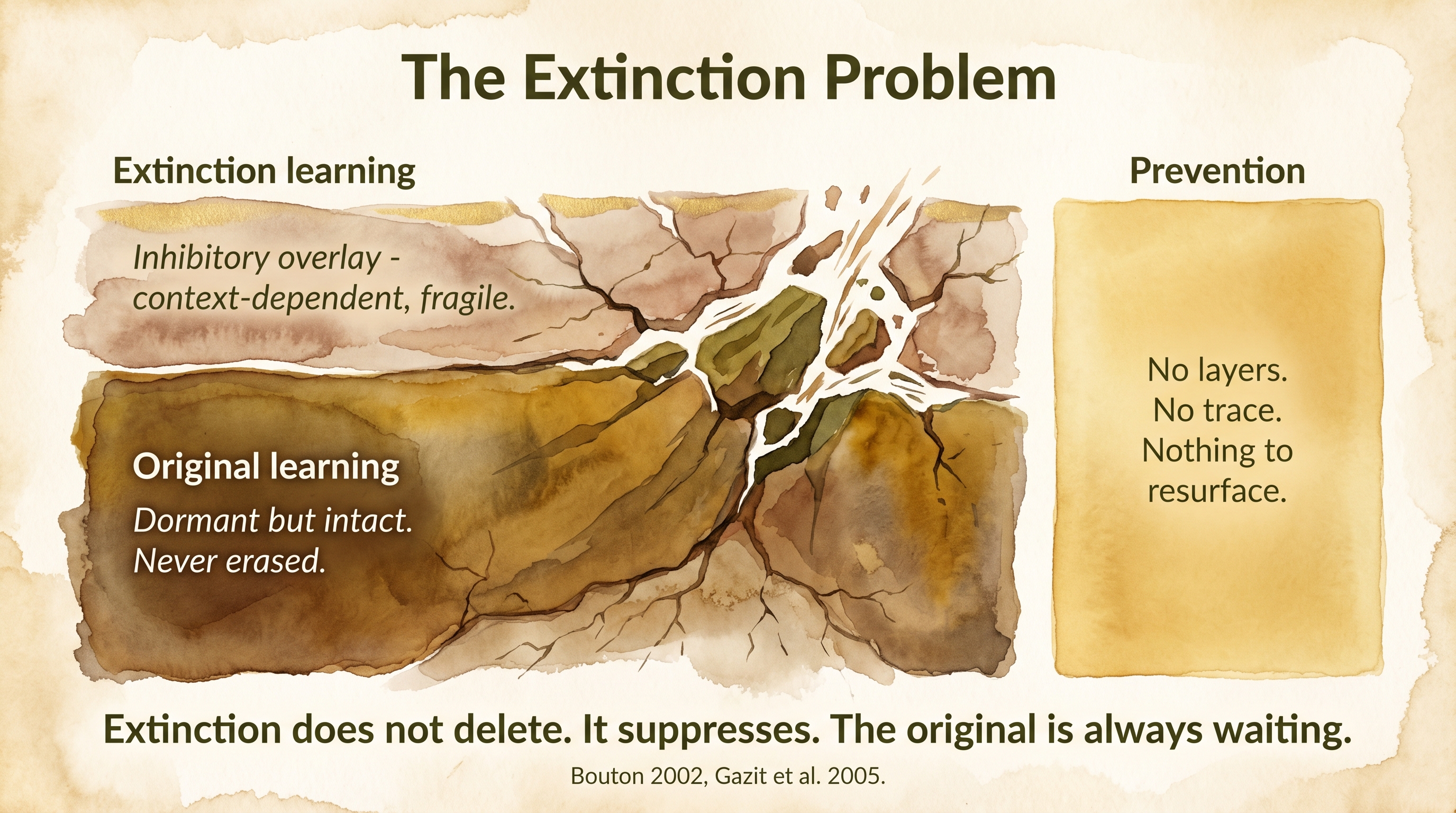 Infographic: The extinction problem - geological cross-section showing fragile extinction learning layered over dormant original learning that remains intact and capable of returning - Just Behaving Wiki