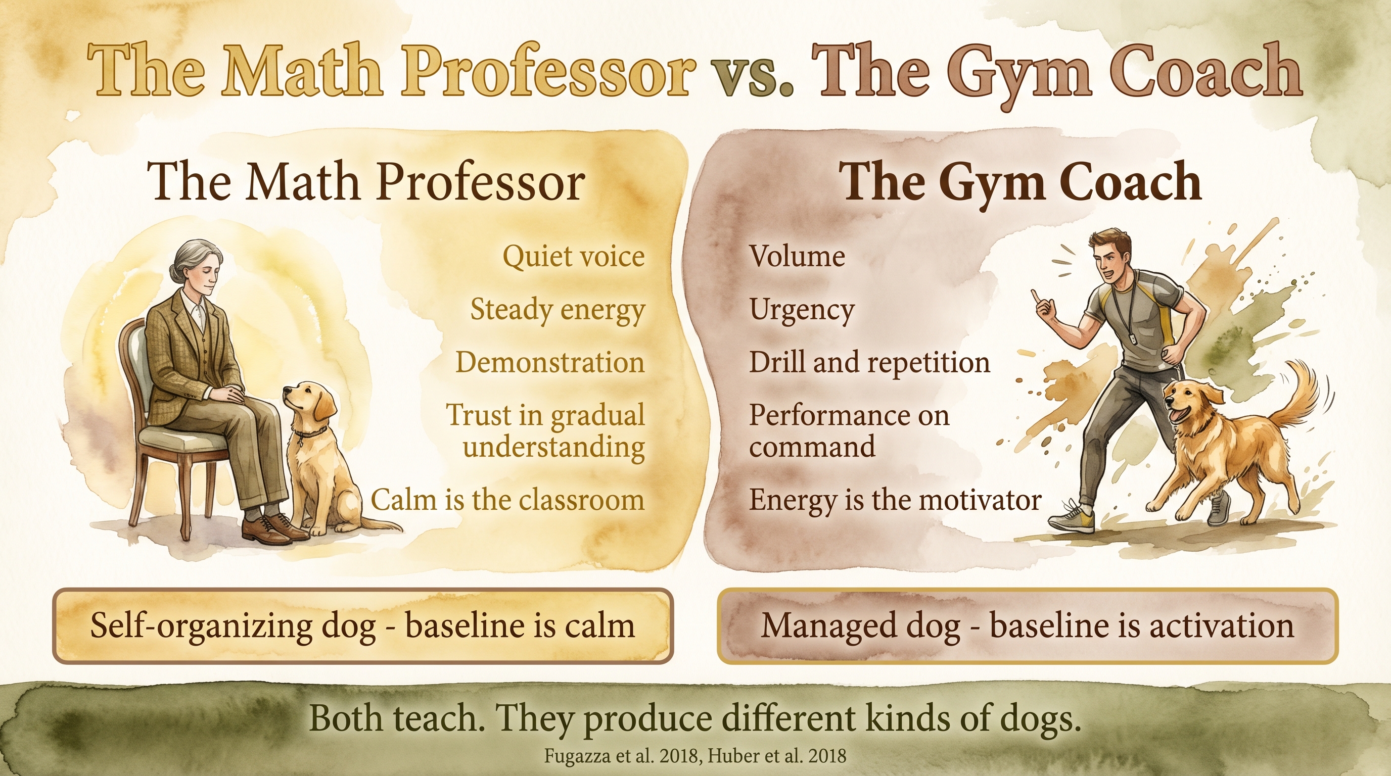 Infographic: The math professor versus the gym coach - two teaching cultures compared showing calm demonstration producing self-organizing dogs versus high-energy drilling producing managed dependent dogs - Just Behaving Wiki