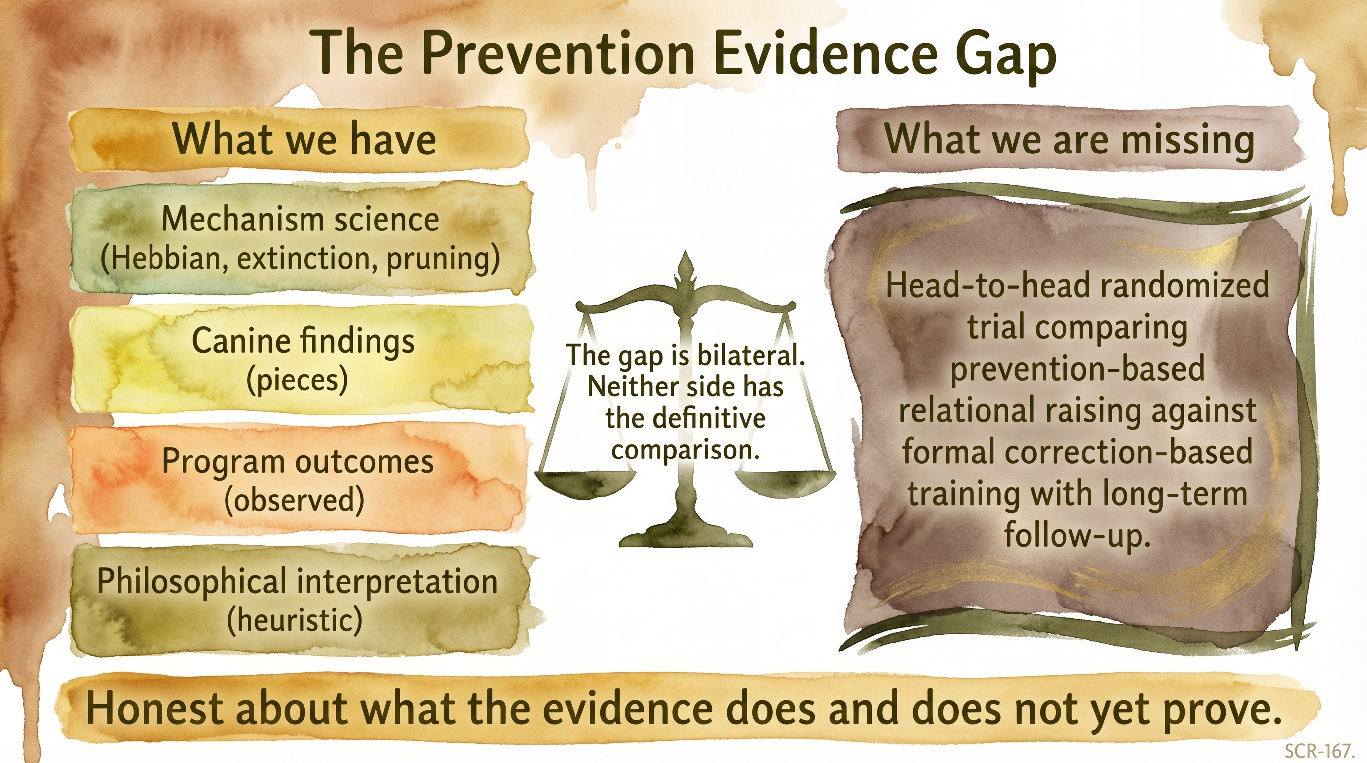 Infographic: The prevention evidence gap - two-column inventory showing available mechanism science and program outcomes against the missing head-to-head randomized comparative trial - Just Behaving Wiki