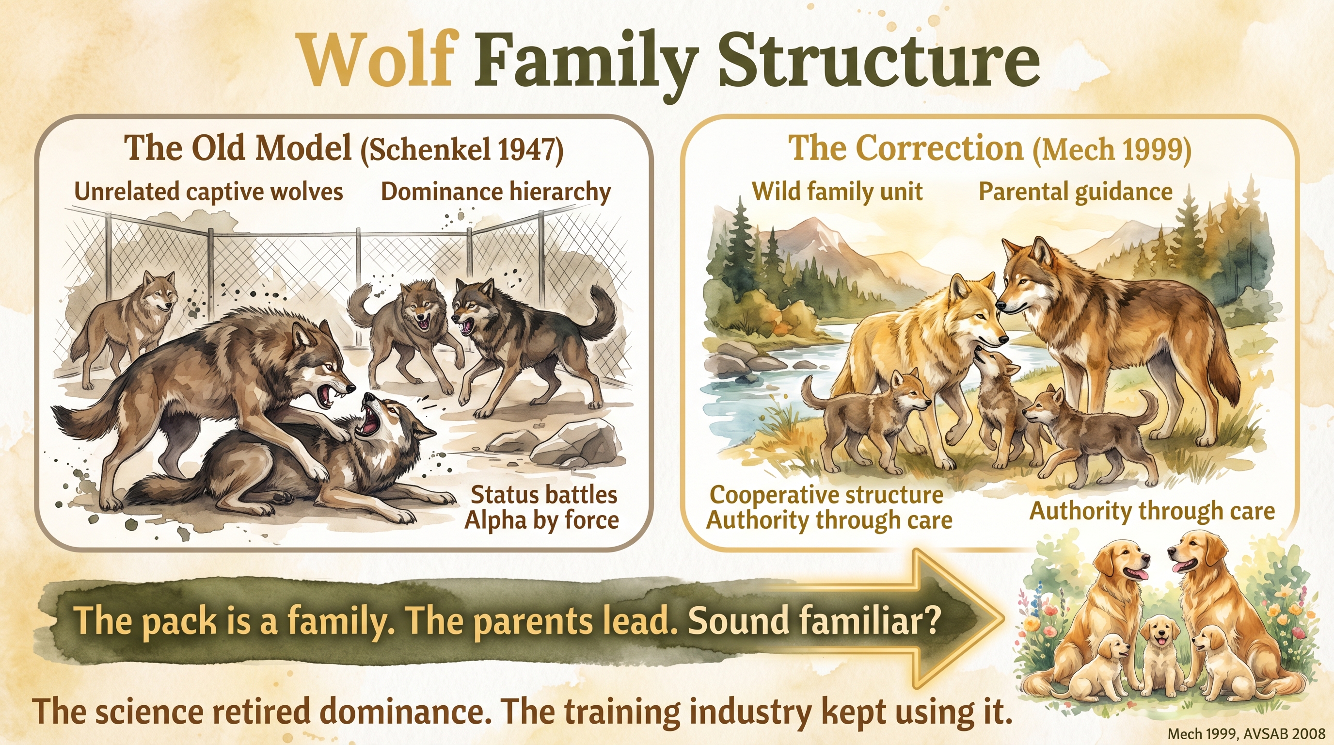 Infographic: Wolf family structure - contrasting the retired captive dominance model against field-documented wild family units where parents guide offspring through cooperative care - Just Behaving Wiki