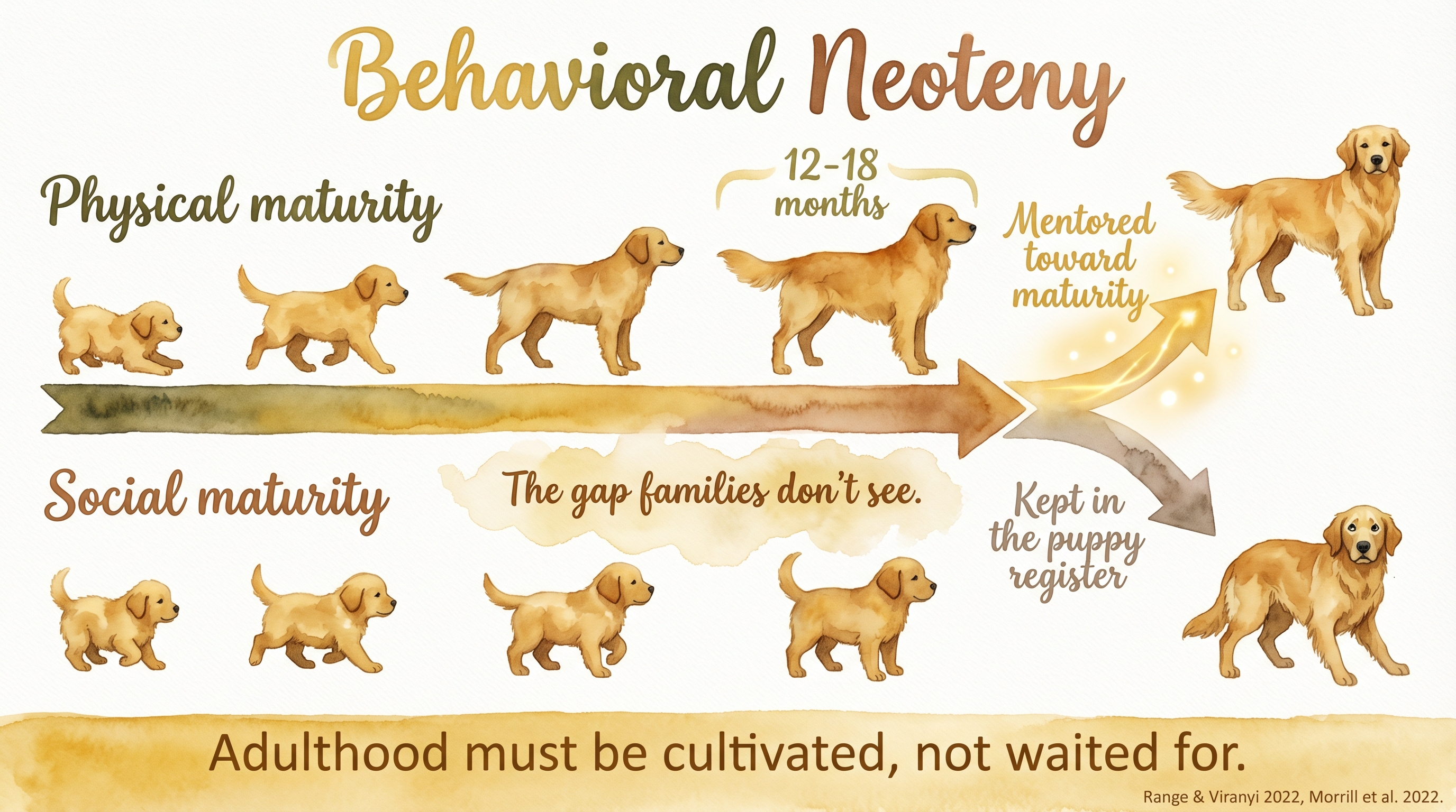 Infographic: Behavioral neoteny - timeline showing physical maturity outpacing social maturity in domesticated dogs - Just Behaving Wiki