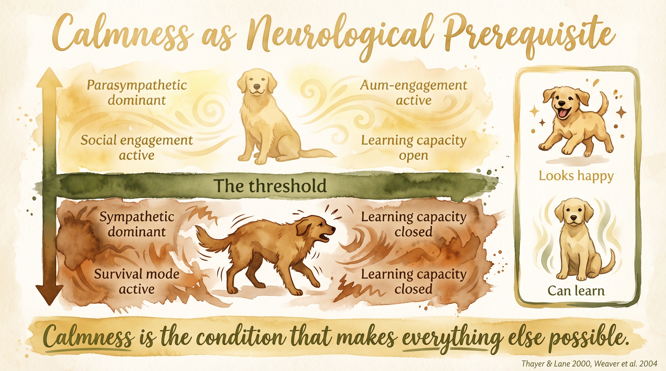 Infographic: Calmness as neurological prerequisite - autonomic sliding scale from parasympathetic learning to sympathetic survival mode - Just Behaving Wiki