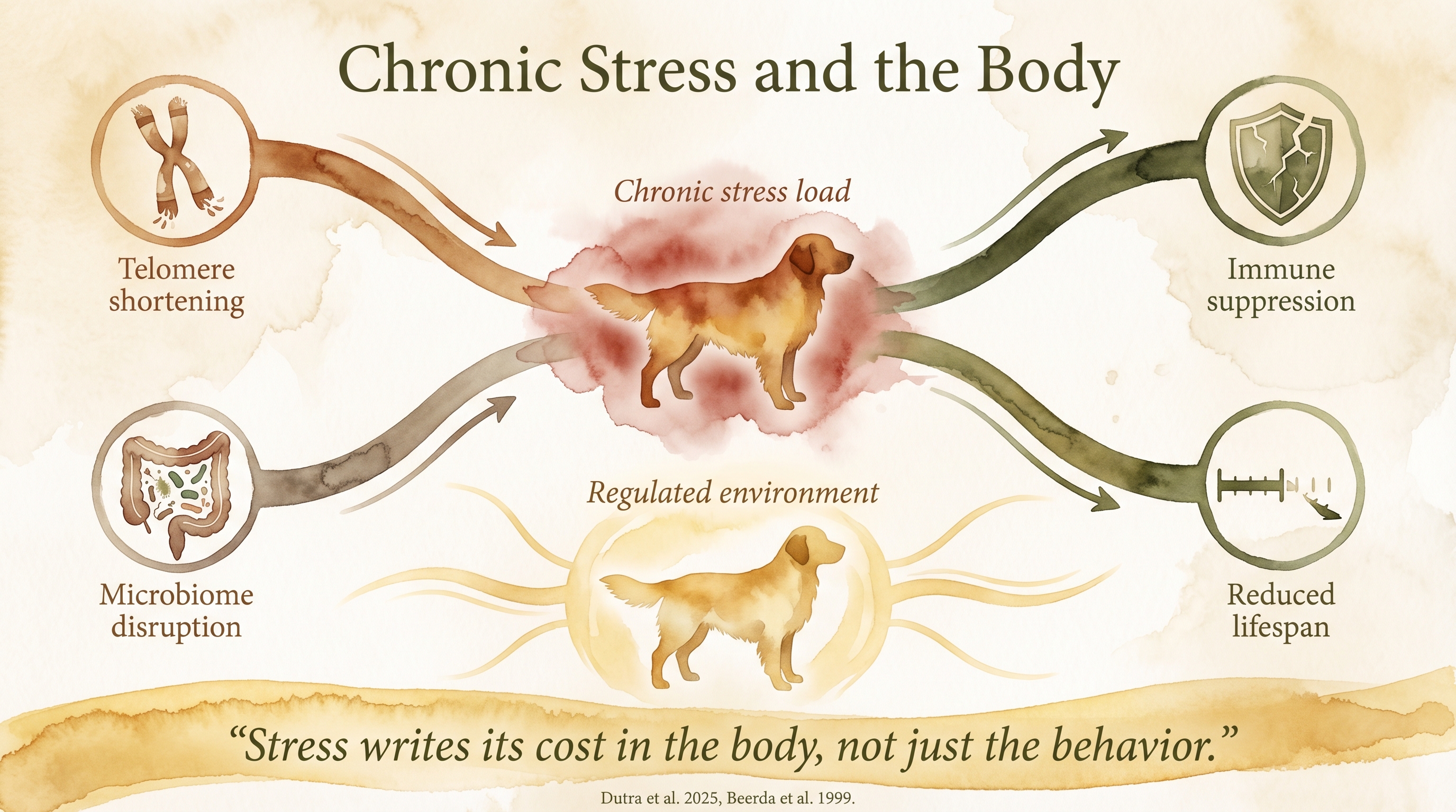 Infographic: Chronic stress and the body - four pathways showing telomere, immune, microbiome, and lifespan costs of chronic stress - Just Behaving Wiki
