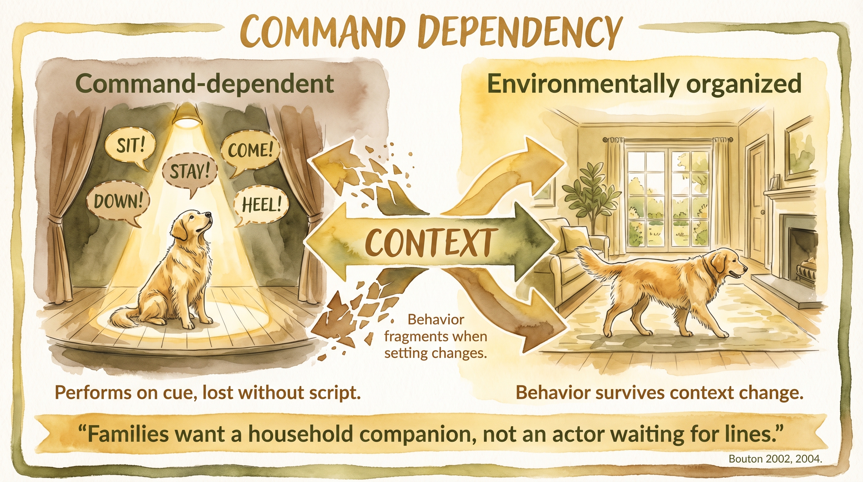 Infographic: Command dependency - actor on stage versus household companion showing how cue-dependent learning collapses across contexts - Just Behaving Wiki