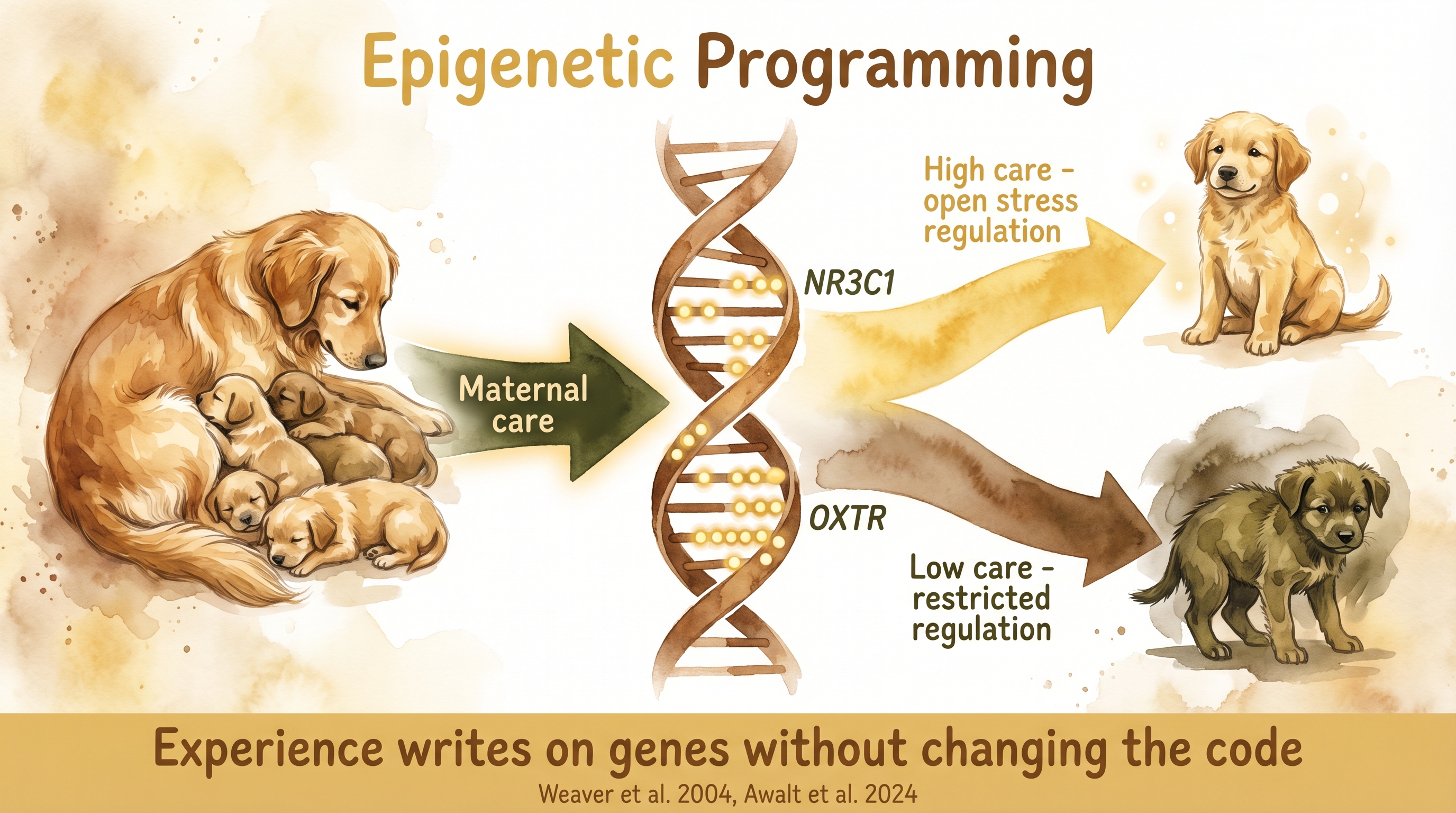 Infographic: Epigenetic programming - maternal care altering NR3C1 and OXTR gene methylation affecting stress regulation in puppies - Just Behaving Wiki