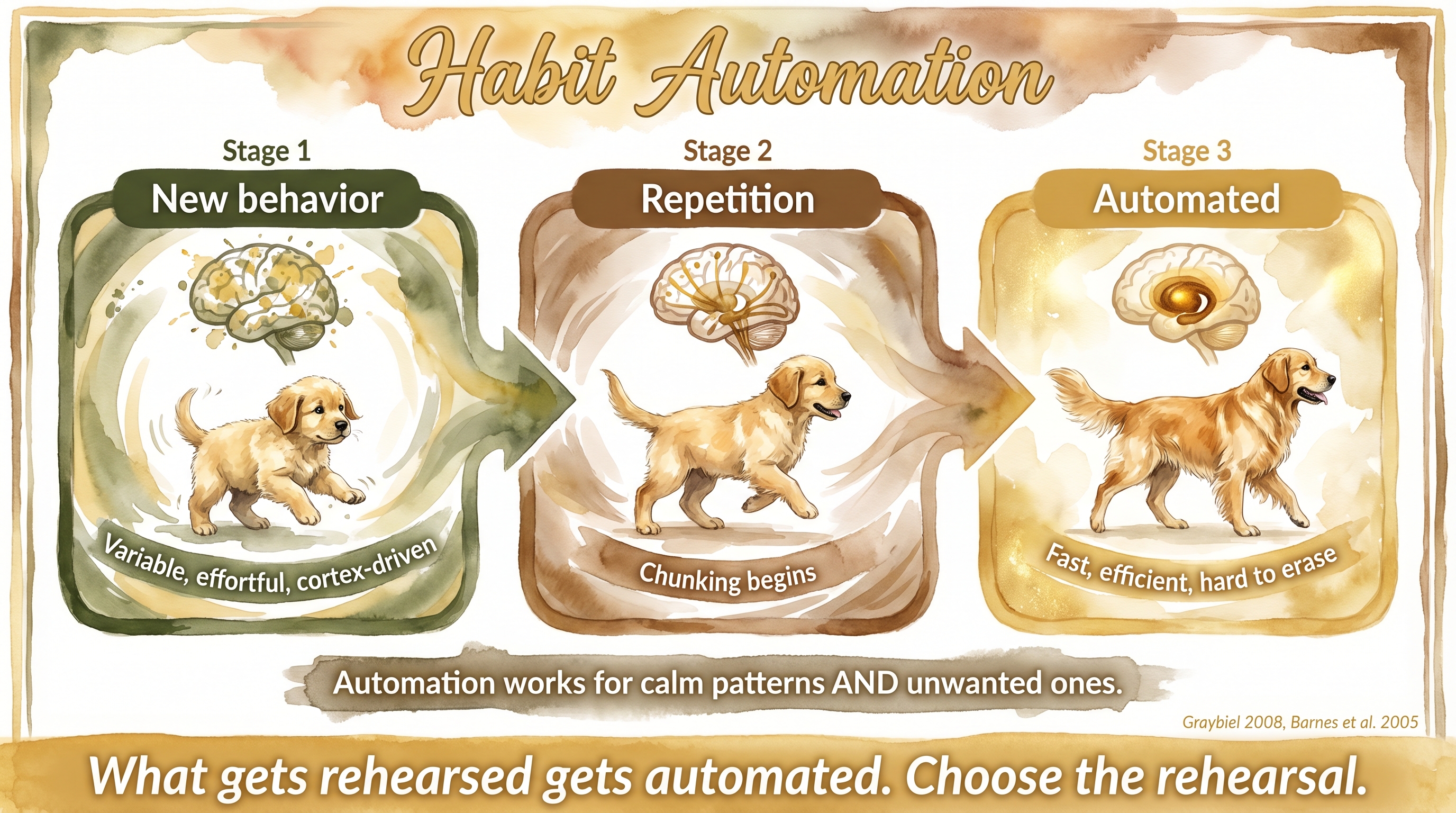 Infographic: Habit automation - three-stage pipeline from effortful new behavior through chunking to automatic basal ganglia control - Just Behaving Wiki