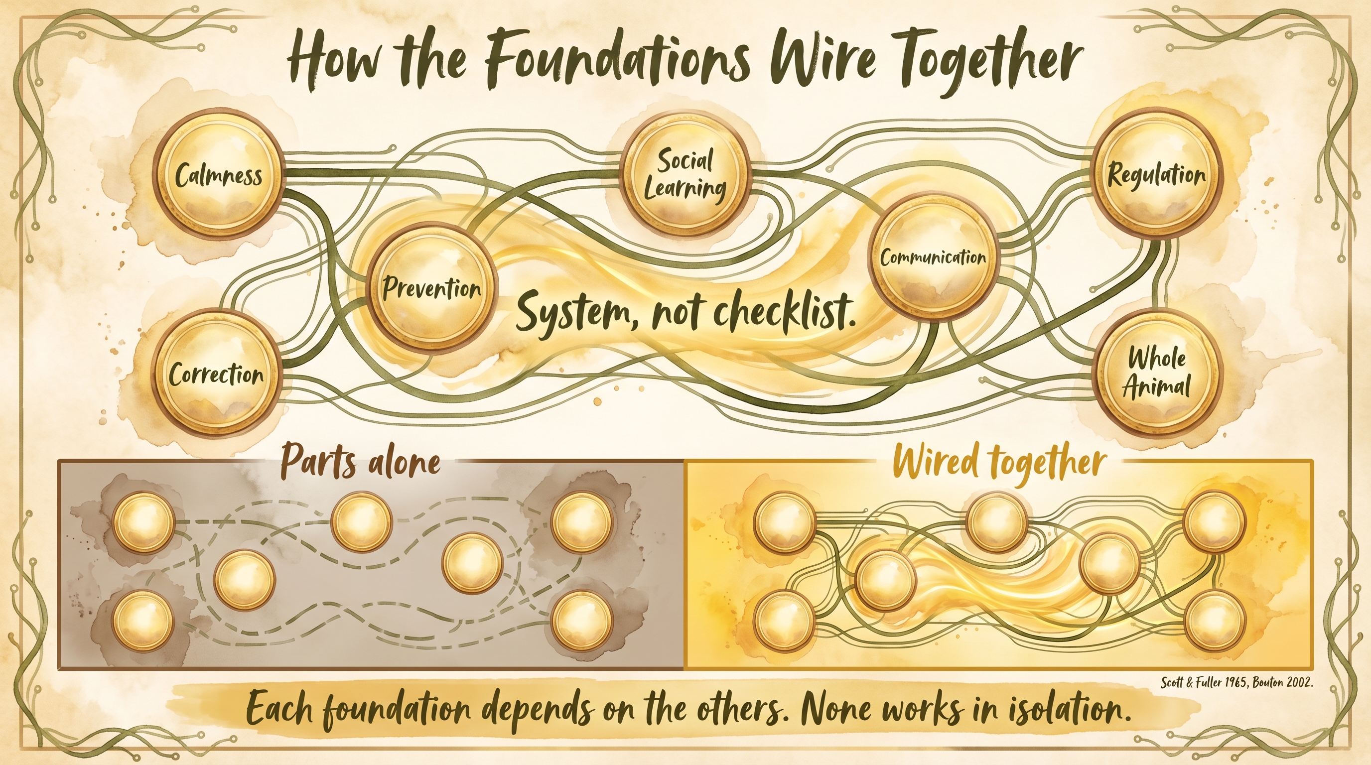 Infographic: How the Foundations wire together - seven interconnected nodes showing the Foundations as a connected system not a checklist - Just Behaving Wiki