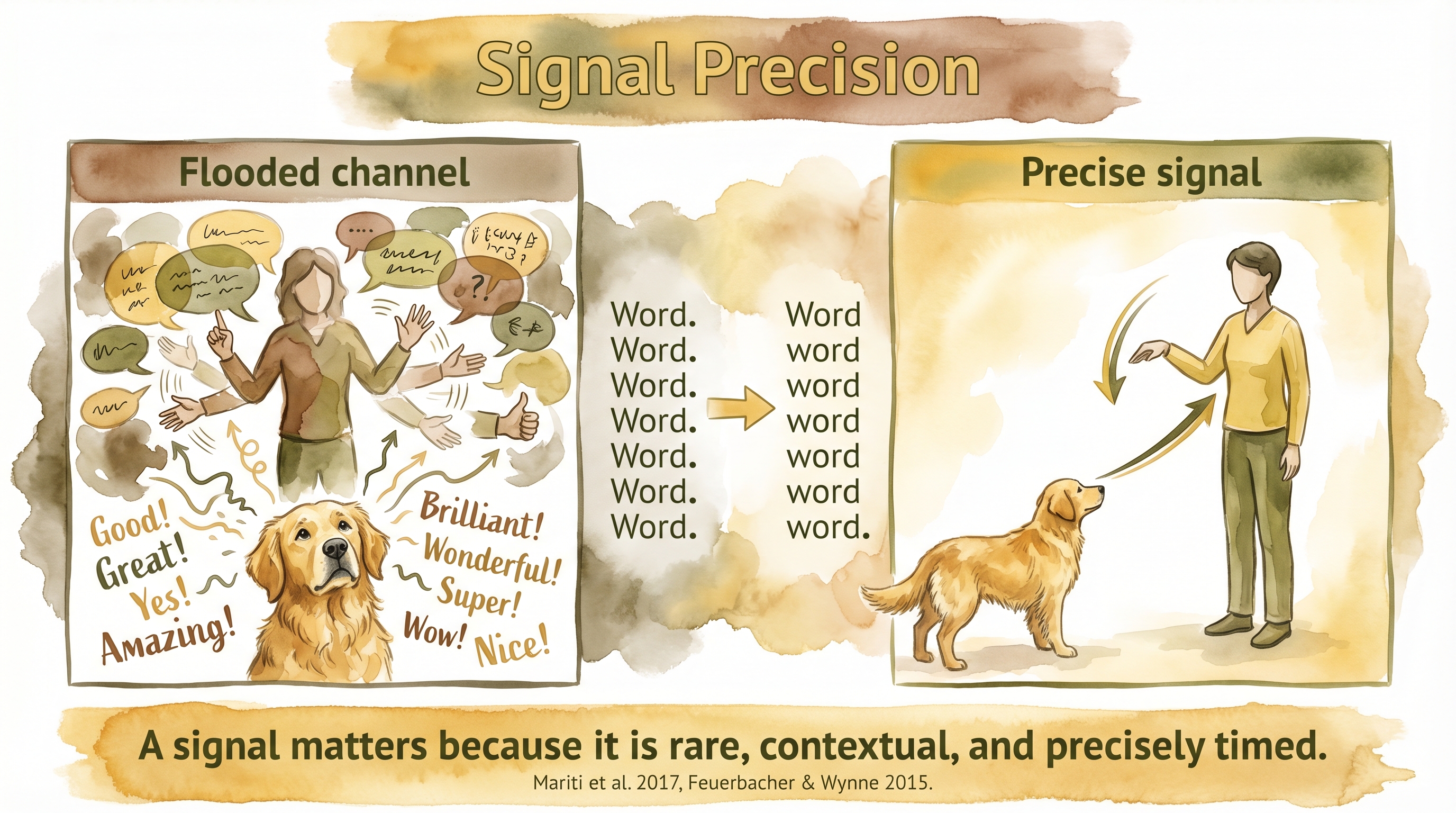 Infographic: Signal precision - contrast between flooded communication channel and precise contextual signals preserving information value - Just Behaving Wiki