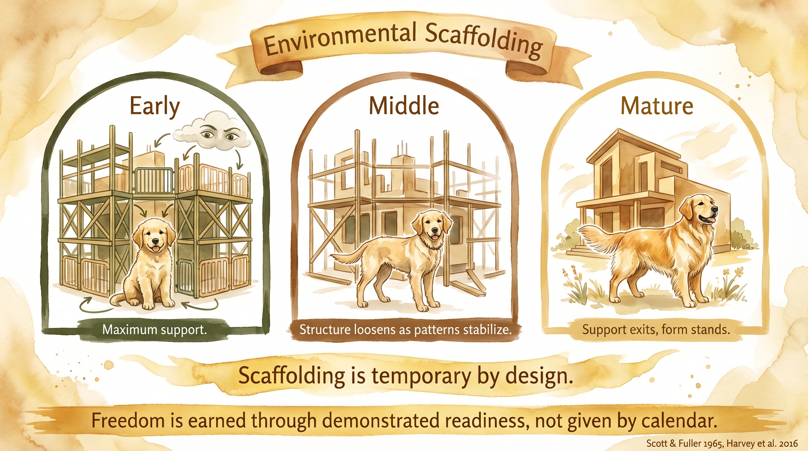 Infographic: Environmental scaffolding - three developmental stages showing support structures loosening as behavioral patterns stabilize - Just Behaving Wiki