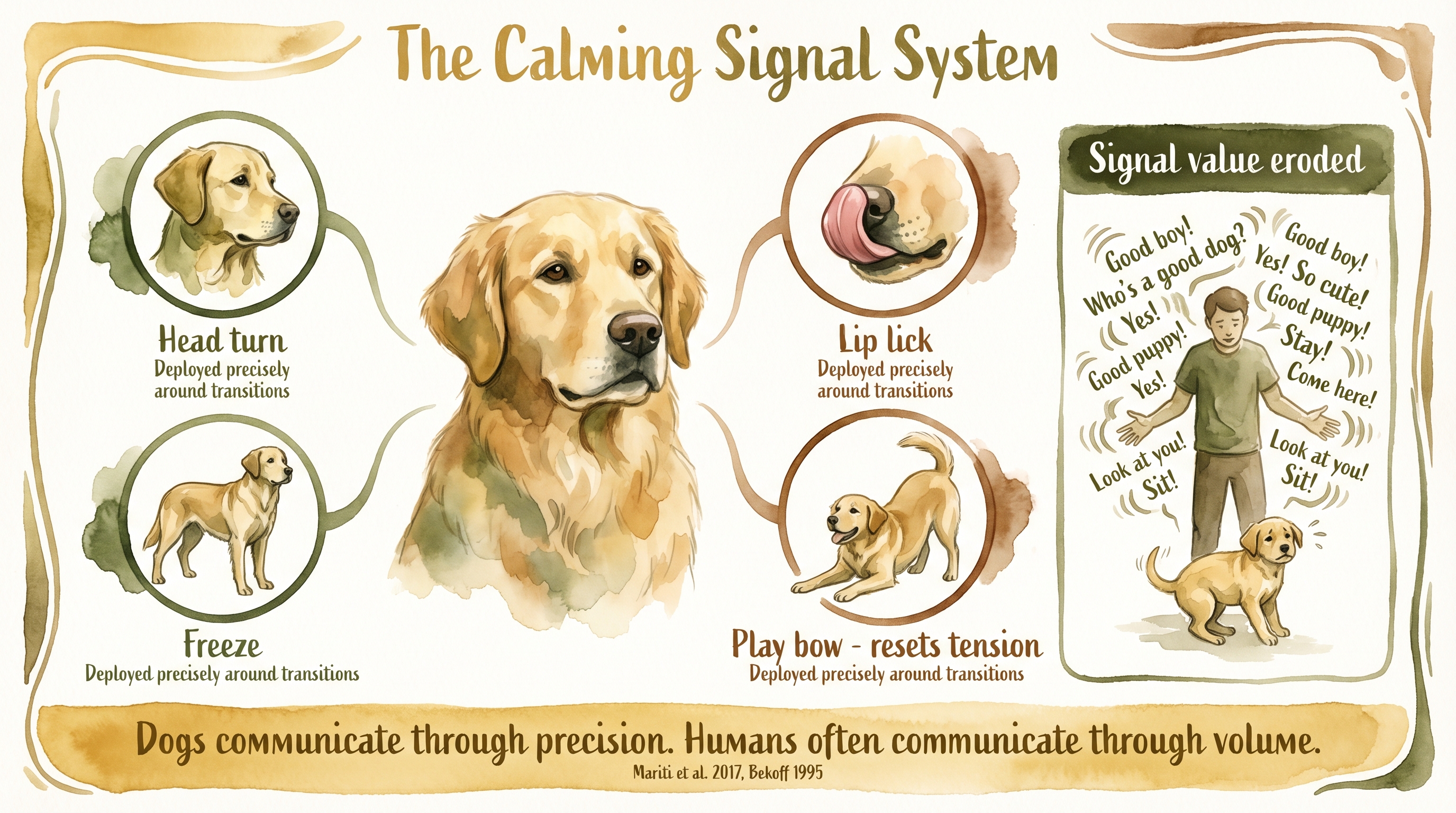 Infographic: The calming signal system - four key signals with precision placement contrasted against human verbal flooding - Just Behaving Wiki