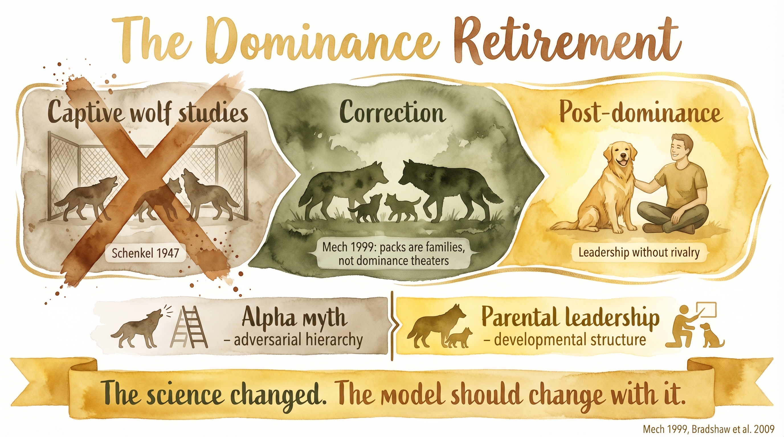 Infographic: The dominance retirement - timeline from captive wolf studies through Mech correction to post-dominance parental leadership - Just Behaving Wiki