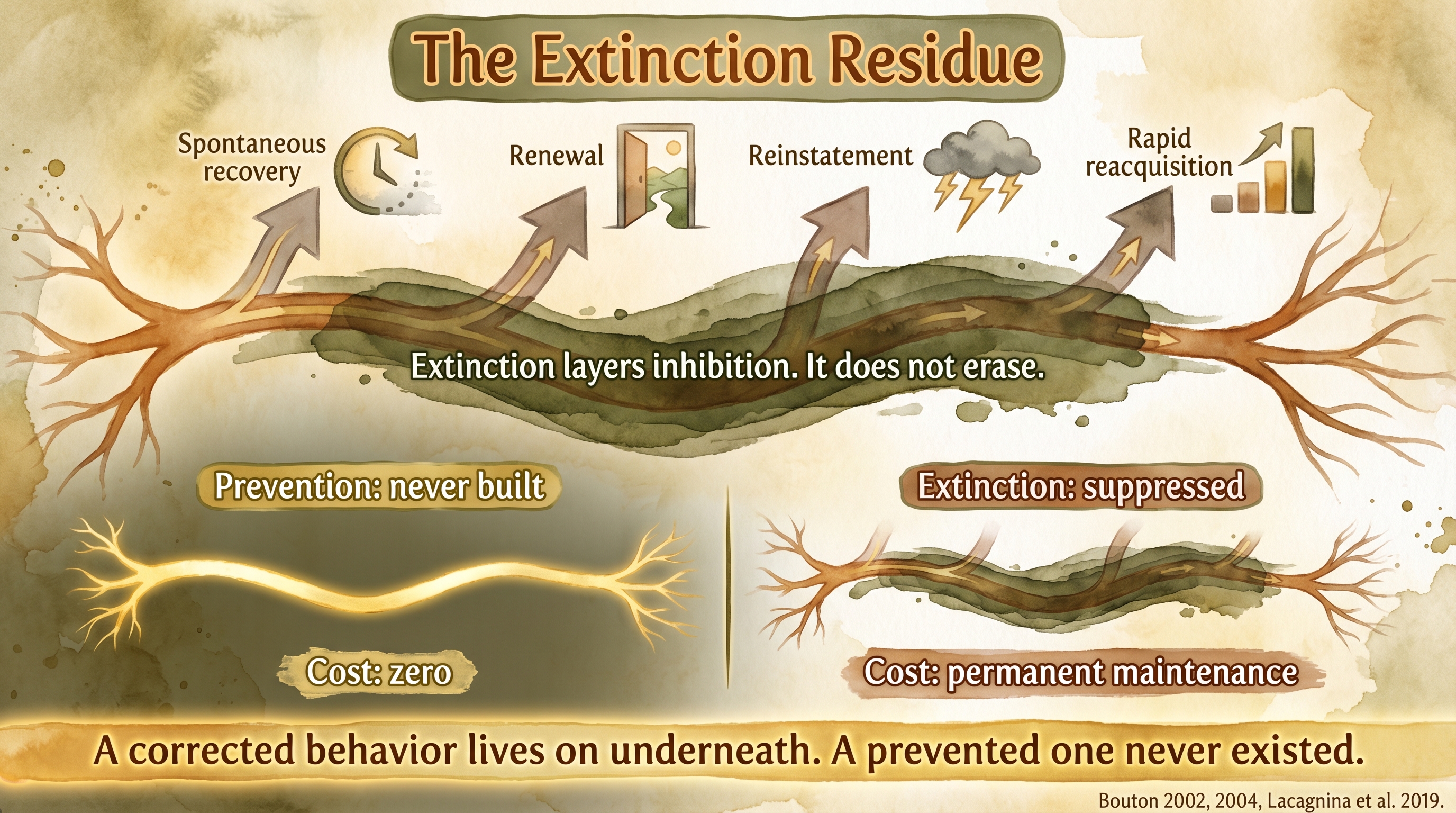 Infographic: The extinction residue - inhibitory overlay model showing four relapse pathways versus zero-cost prevention - Just Behaving Wiki