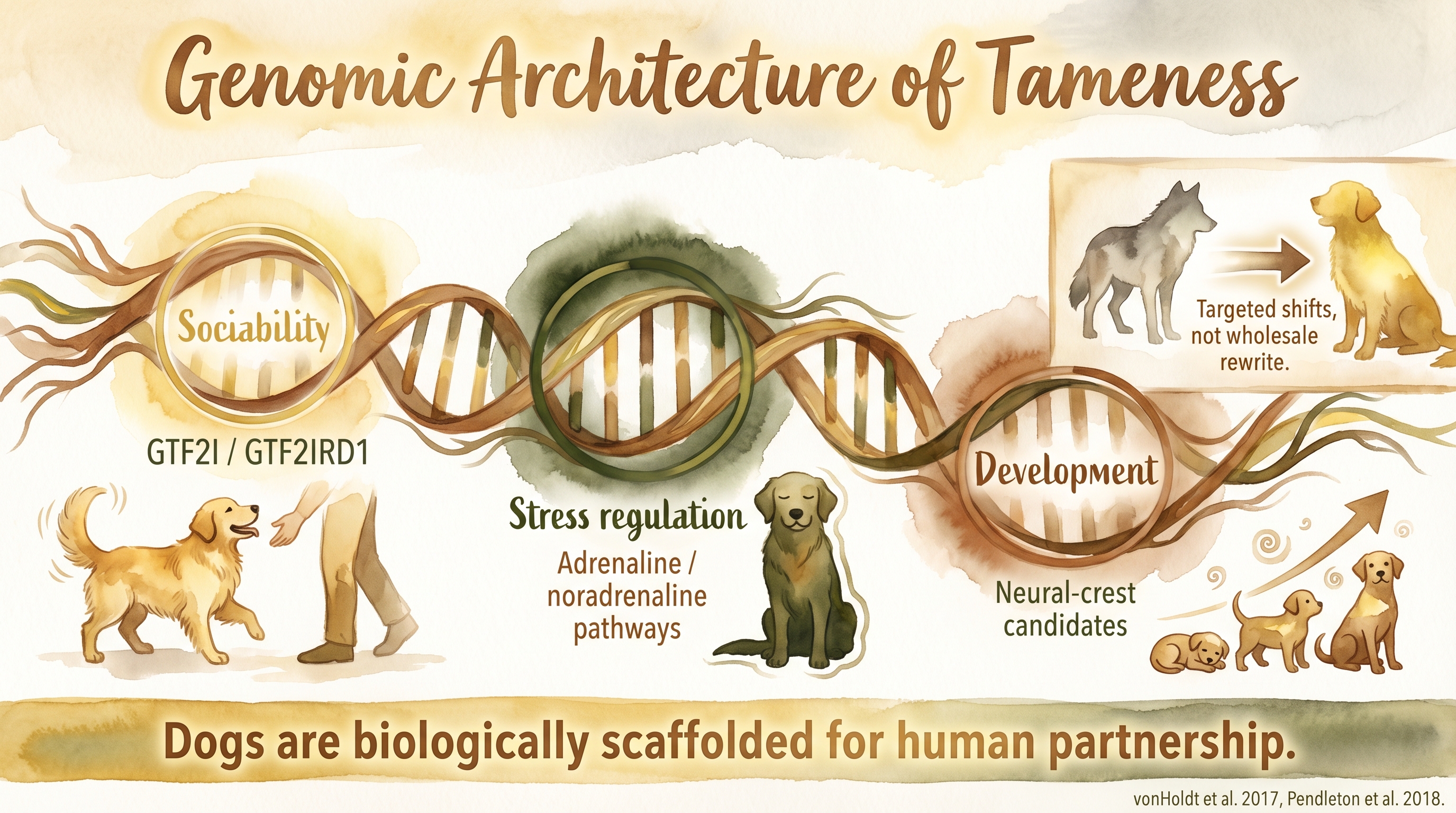 Infographic: Genomic architecture of tameness - three highlighted genomic regions for sociability, stress regulation, and development in domesticated dogs - Just Behaving Wiki