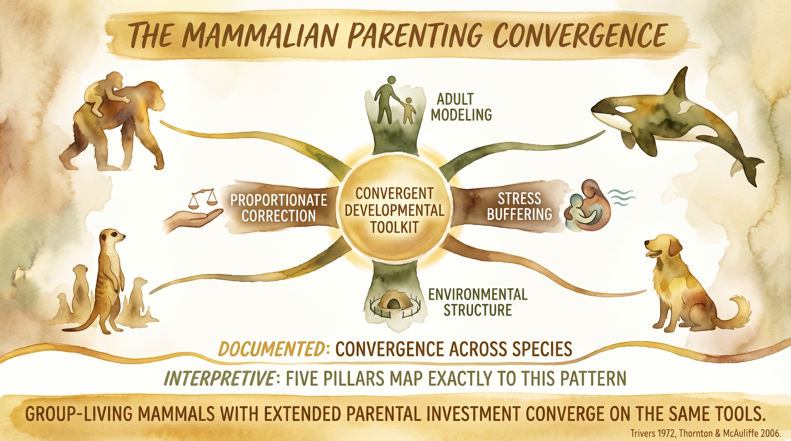 Infographic: Mammalian parenting convergence - cross-species hub showing adult modeling, stress buffering, environmental structure, and correction across mammals - Just Behaving Wiki