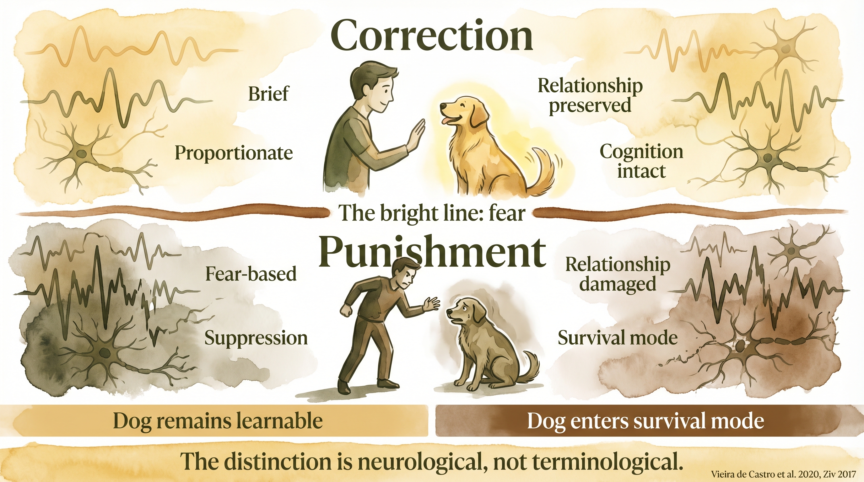 Infographic: Correction versus punishment - binary boundary showing fear as the bright line between cognition-preserving correction and survival-mode punishment - Just Behaving Wiki