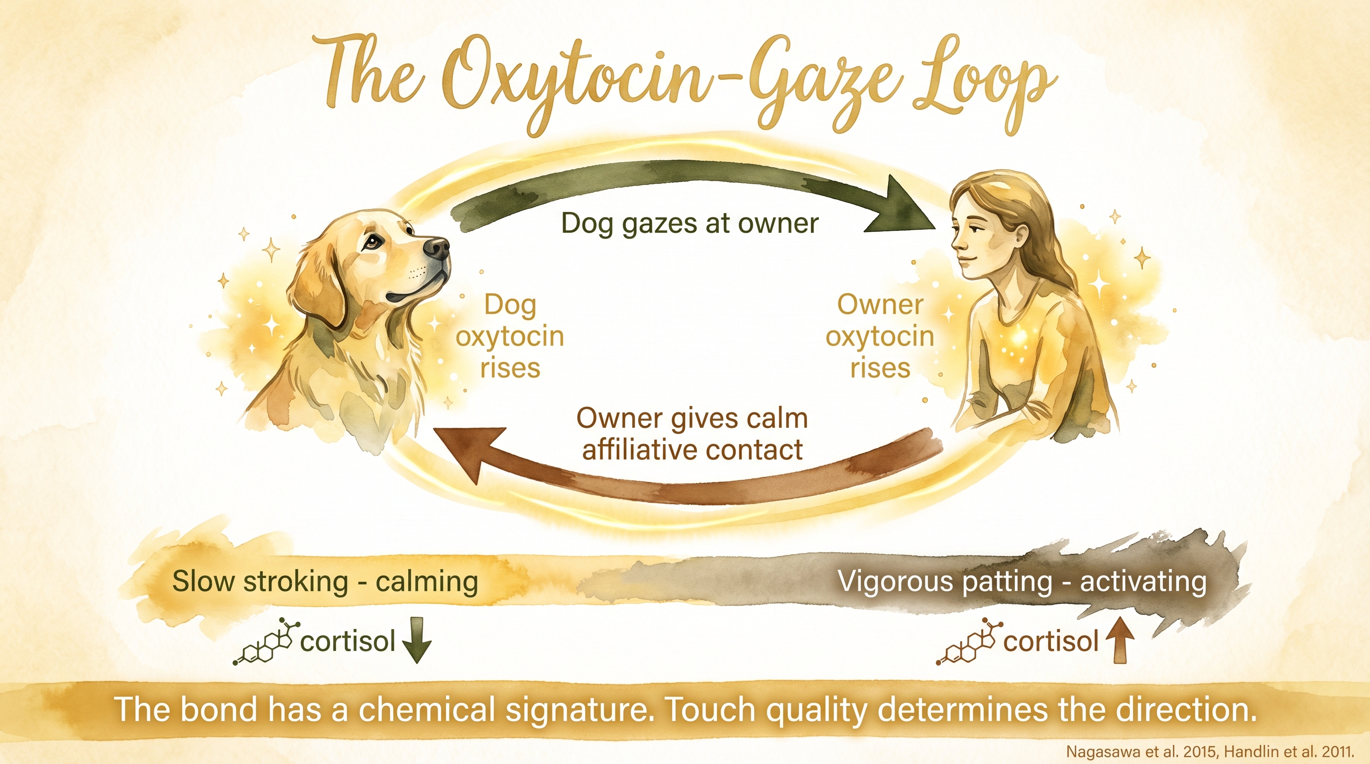 Infographic: The oxytocin-gaze loop - circular bidirectional pathway between dog gaze and owner oxytocin with touch quality spectrum - Just Behaving Wiki