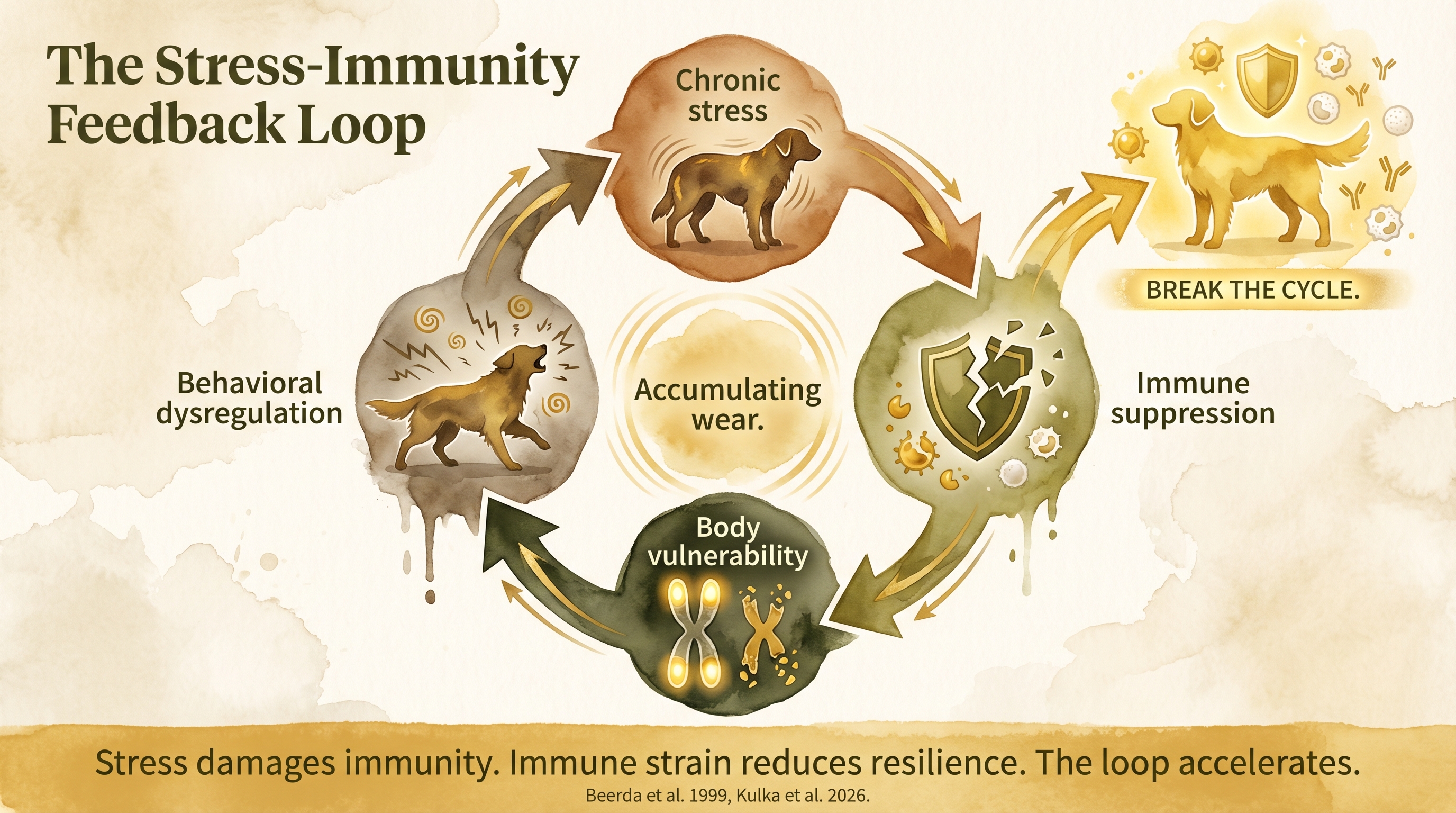 Infographic: The stress-immunity feedback loop - circular escalation from chronic stress through immune suppression to behavioral dysregulation - Just Behaving Wiki