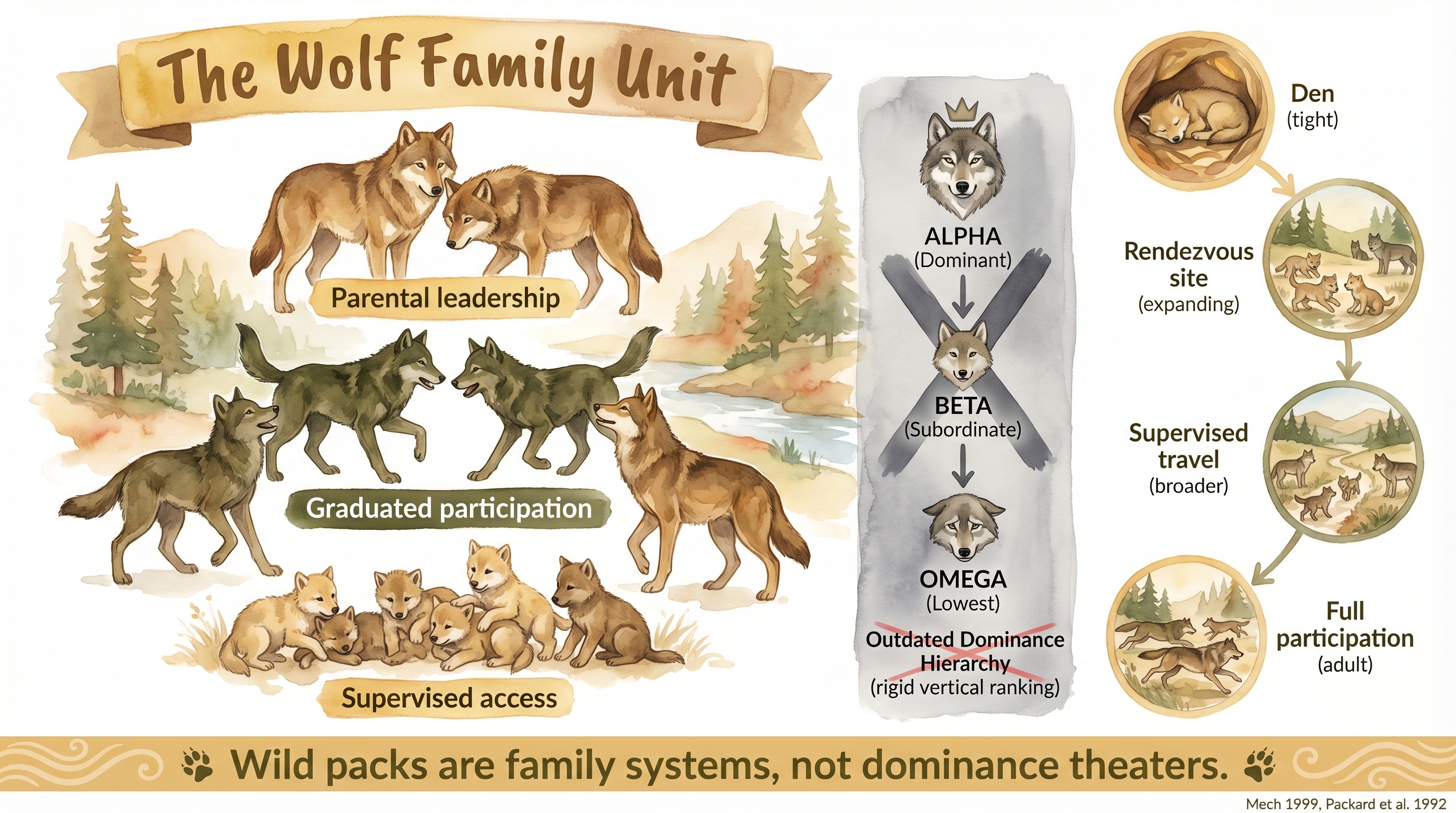 Infographic: The wolf family unit - natural family structure with parental leadership and graduated pup access contrasted against outdated dominance hierarchy - Just Behaving Wiki