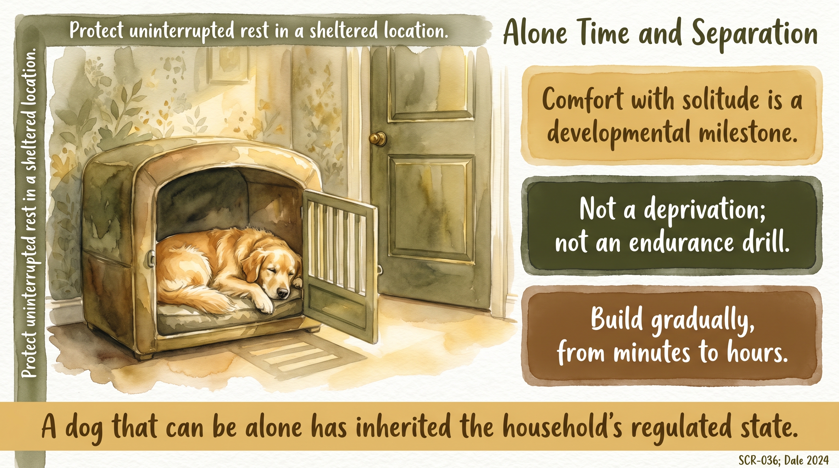 Infographic: Alone Time and Separation - solitude built as default competence rather than trained as a skill against a distressed dog - Just Behaving Wiki