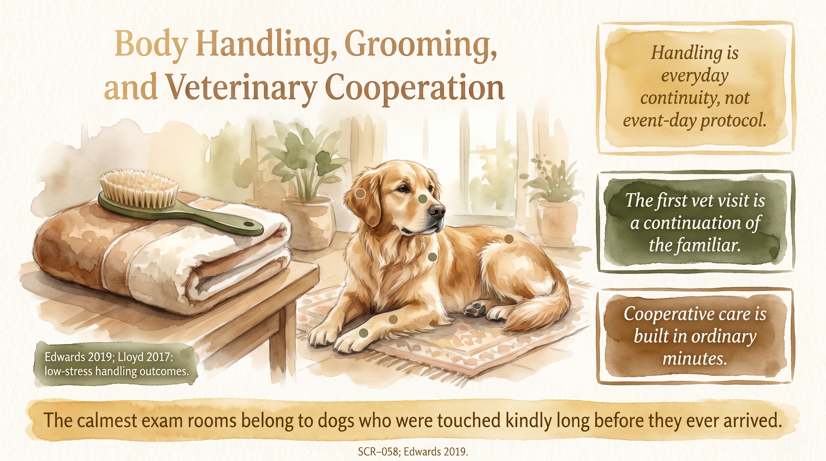 Infographic: Body Handling, Grooming, and Veterinary Cooperation - daily handling that makes the veterinary visit a continuation rather than a novelty - Just Behaving Wiki