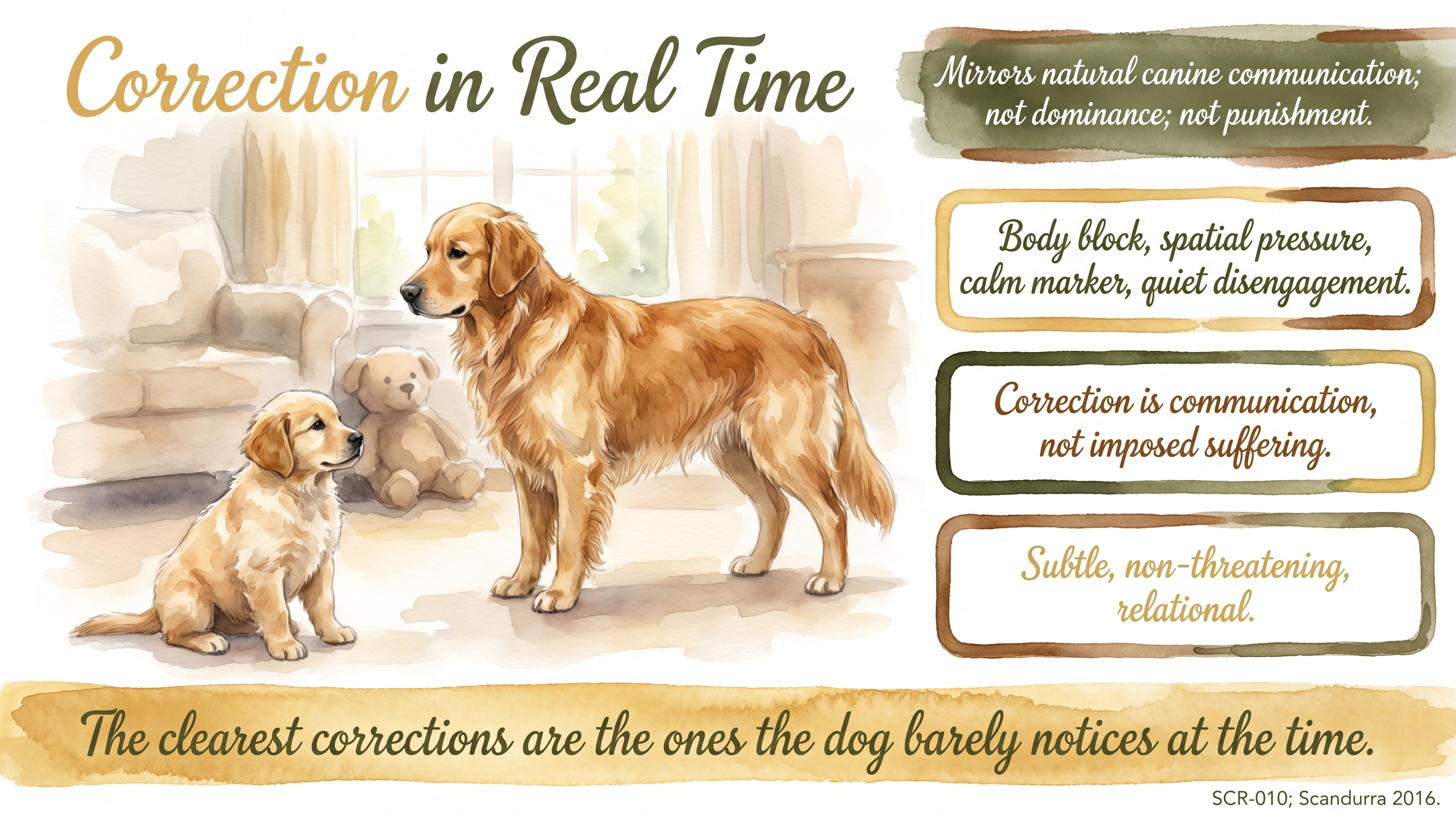 Infographic: Correction in Real Time - body blocking, spatial pressure, calm vocal markers, and quiet disengagement in the moment - Just Behaving Wiki