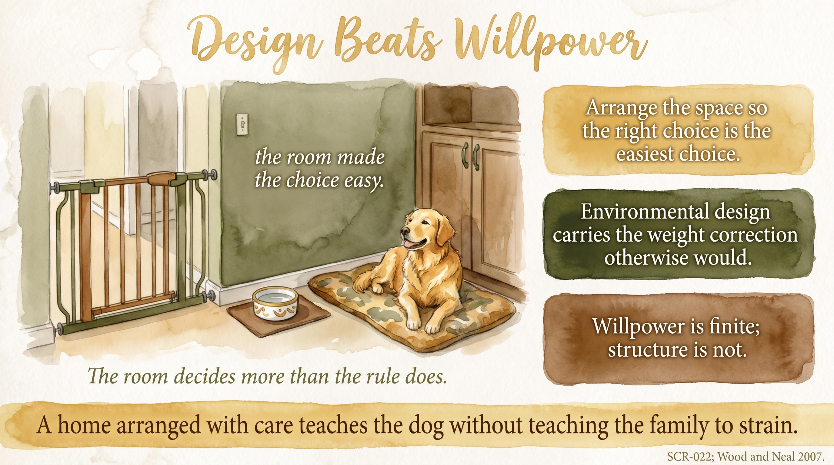 Infographic: Design Beats Willpower - why the environment doing the work is more reliable than asking the dog to perform restraint - Just Behaving Wiki
