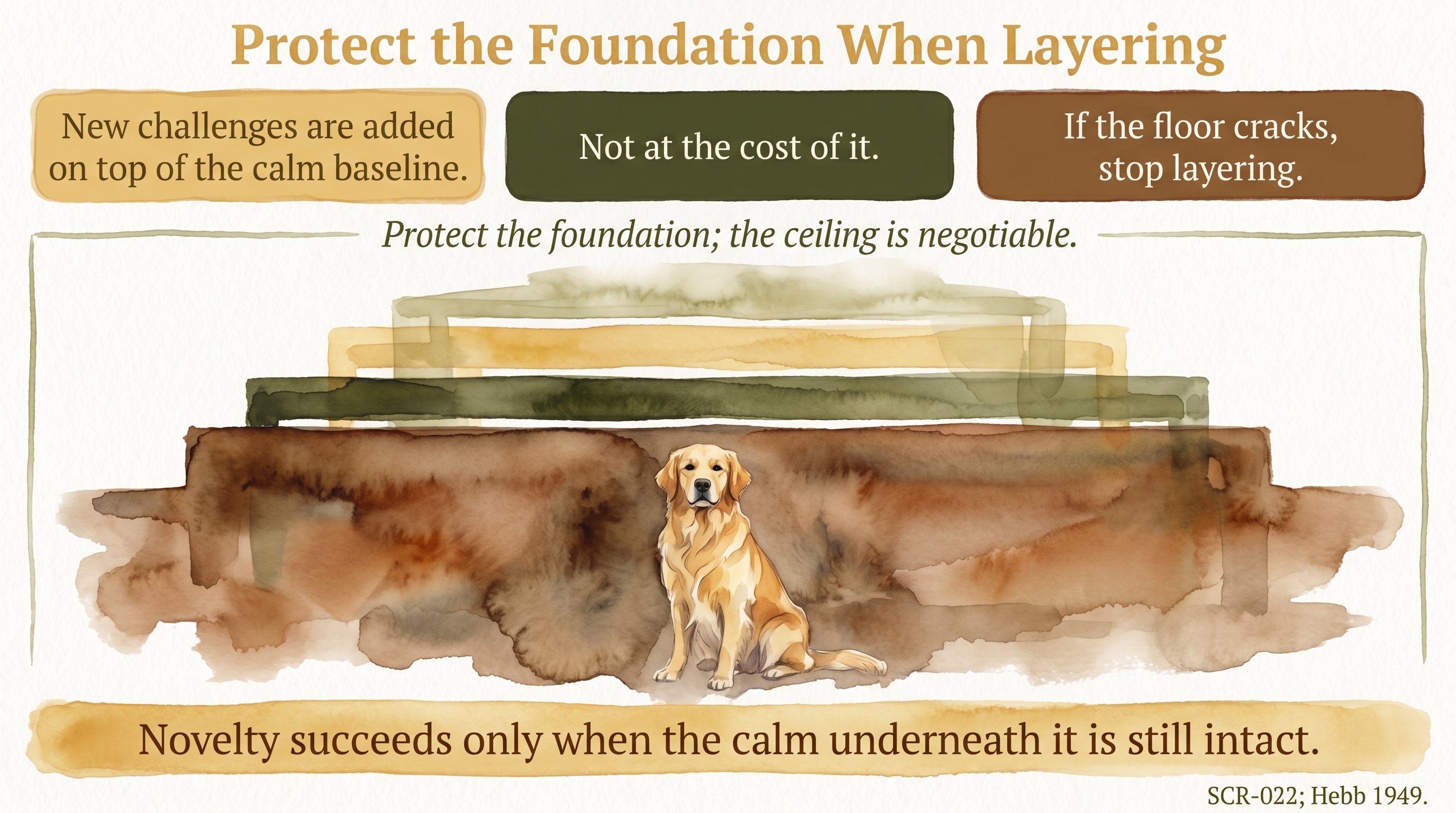 Infographic: Protect the Foundation When Layering - how added skills and experiences only work when the calm baseline beneath them still holds - Just Behaving Wiki