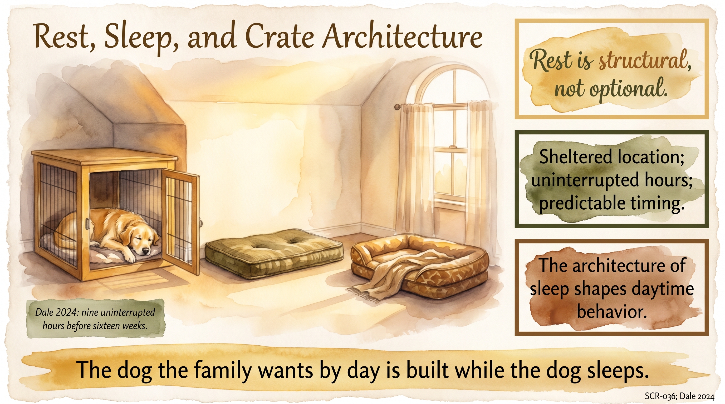 Infographic: Rest, Sleep, and Crate Architecture - why durable rest locations and real sleep are the infrastructure behind a settled dog - Just Behaving Wiki