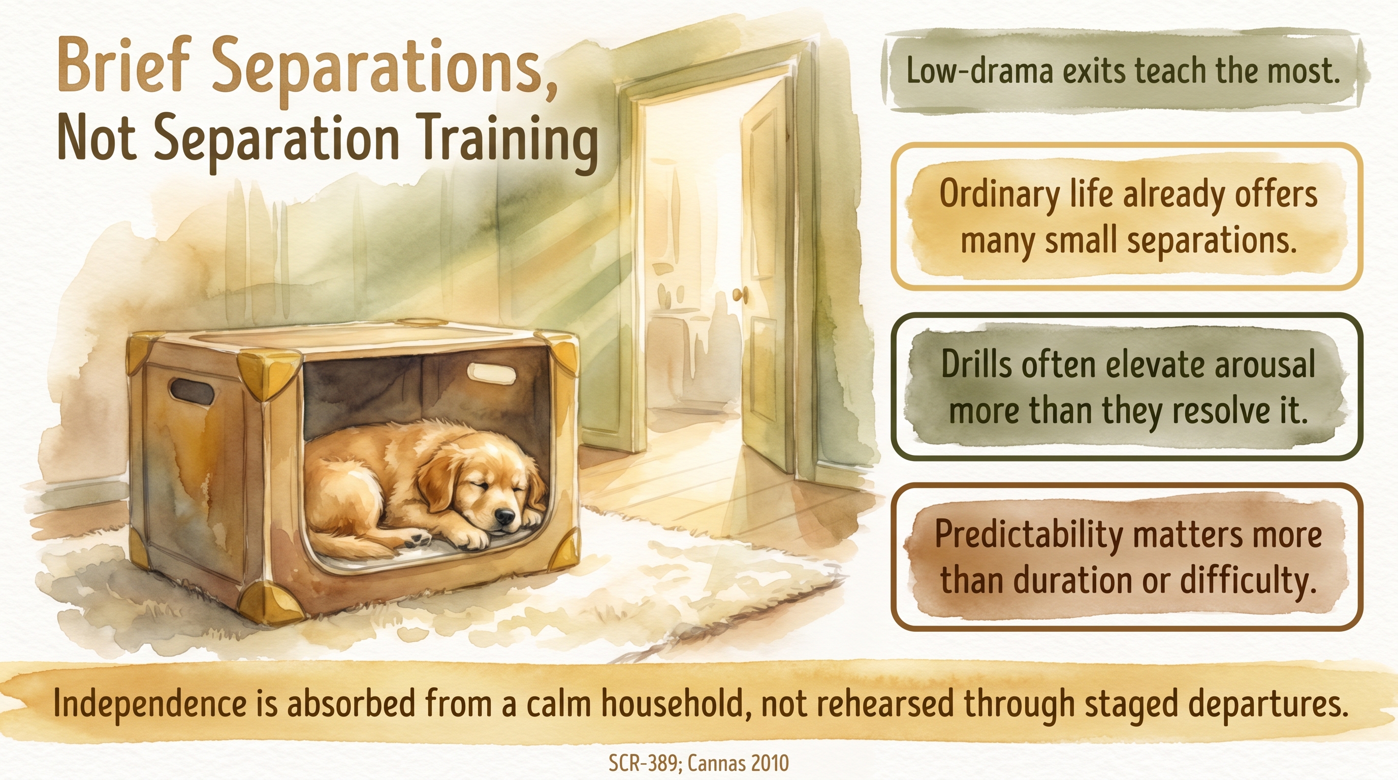 Infographic: Brief separations, not separation training - alone time as ordinary household rhythm - Just Behaving Wiki