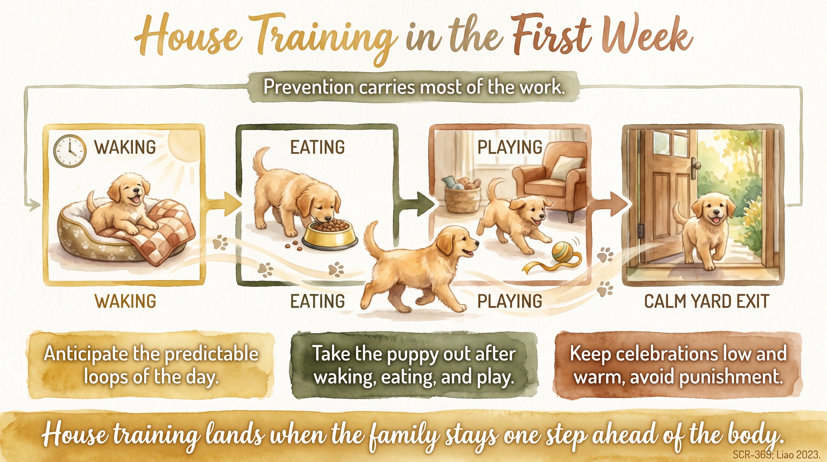 Infographic: House training in the first week - prevention and rhythm, not correction - Just Behaving Wiki