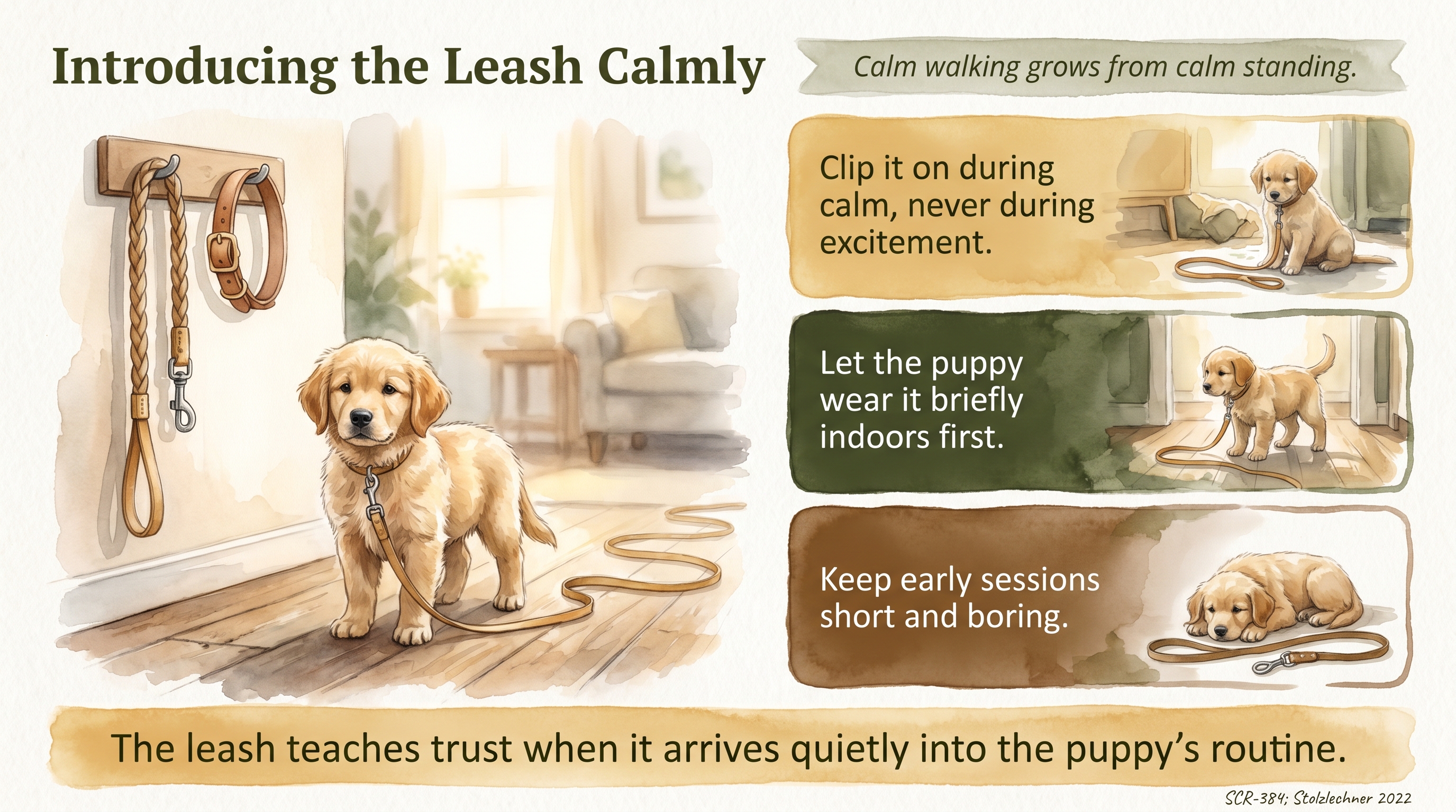 Infographic: Introducing the leash calmly - neutral line between two calm bodies - Just Behaving Wiki