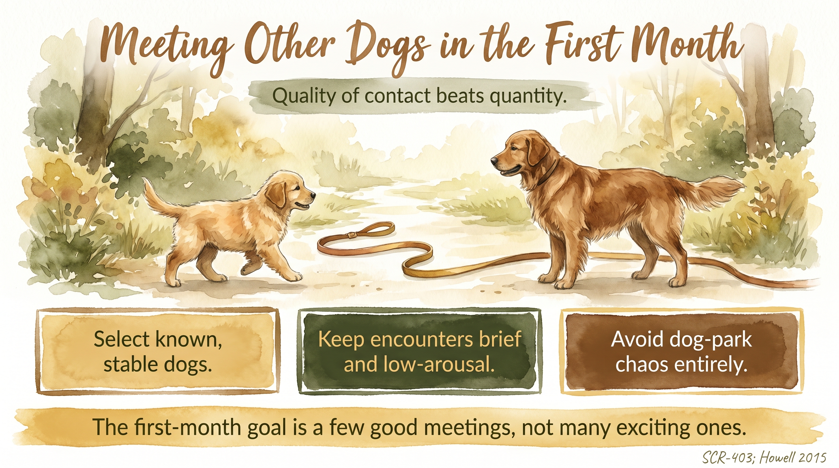 Infographic: Meeting other dogs in the first month - calm adult mentors over peer arousal - Just Behaving Wiki