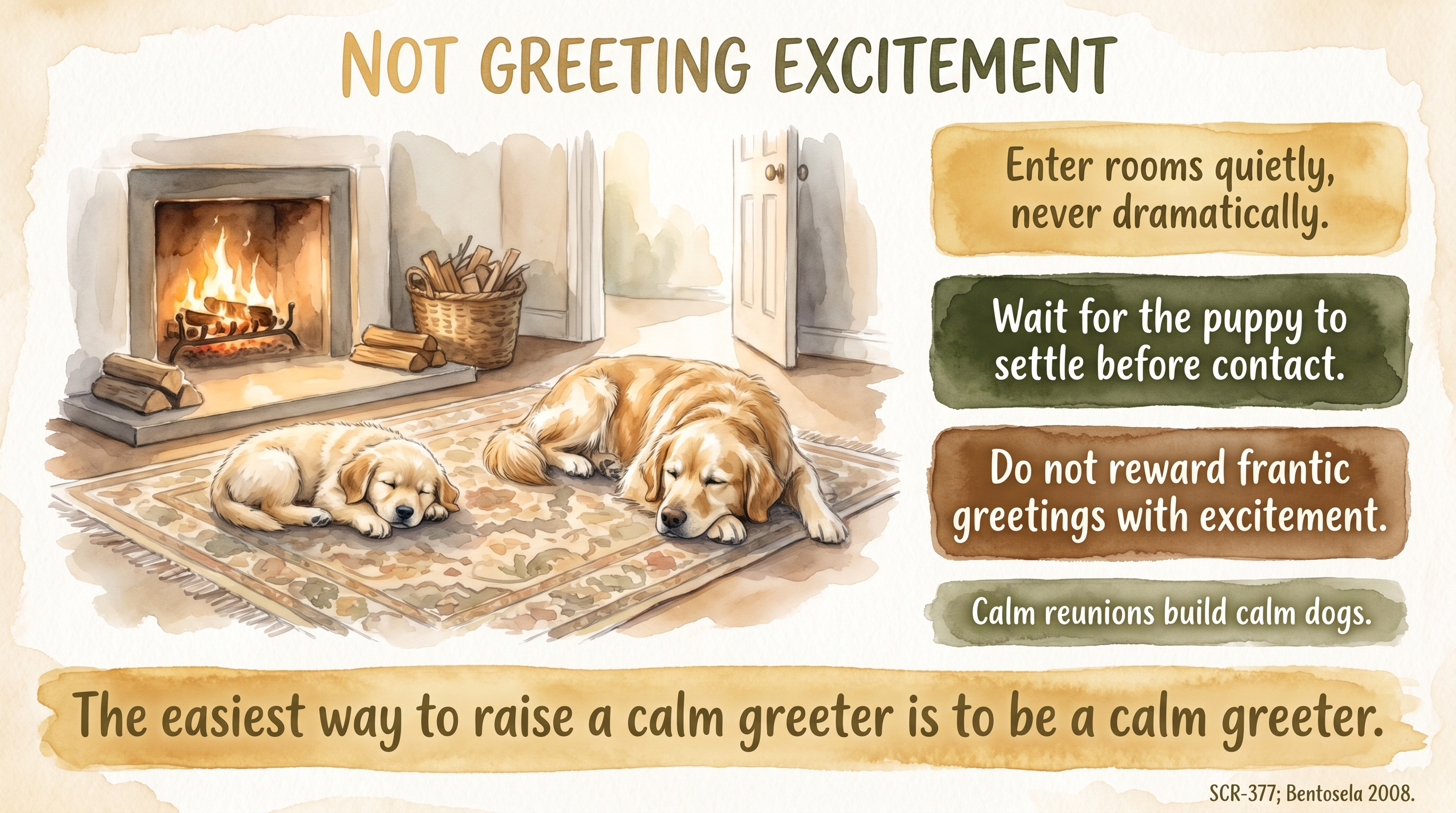 Infographic: Not greeting excitement - answering puppy arousal with quiet and stillness - Just Behaving Wiki