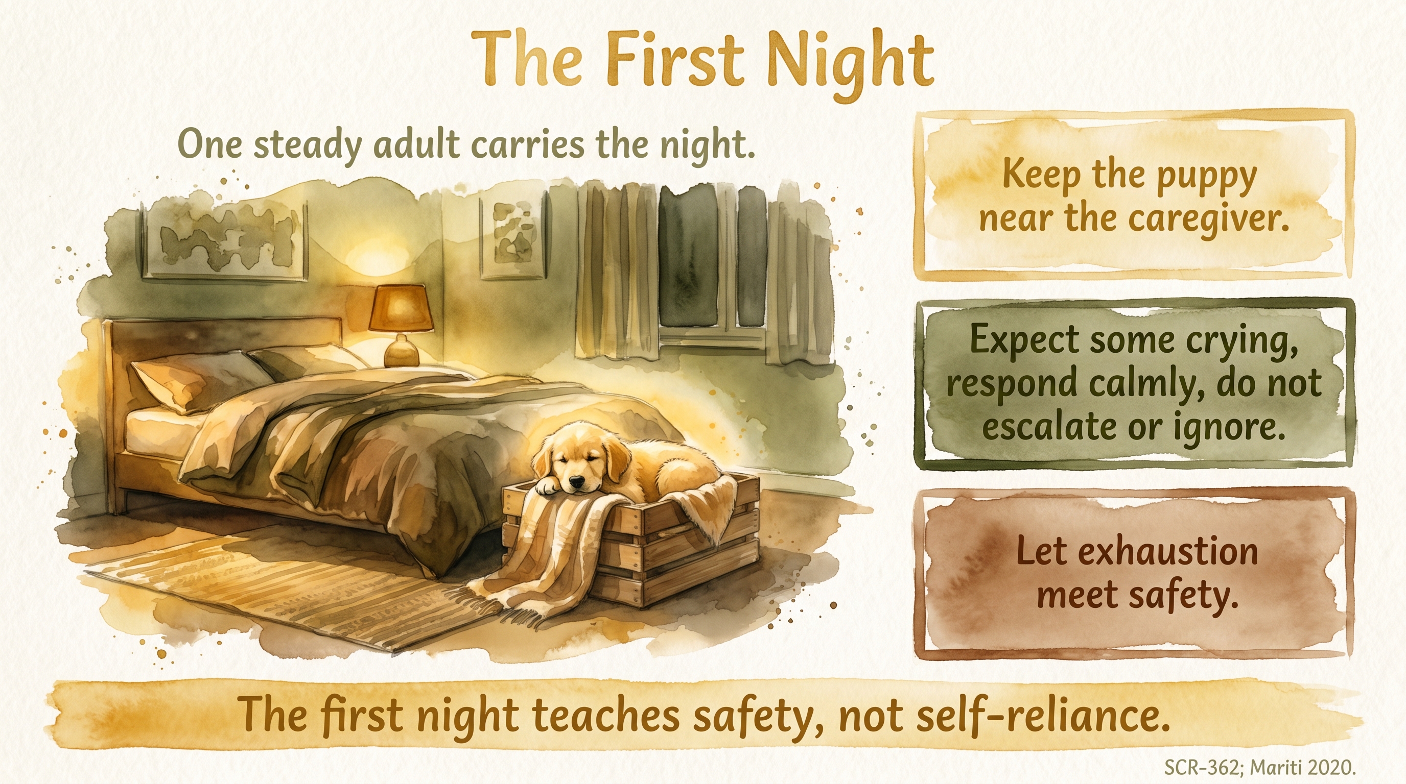 Infographic: The first night - proximity and calm response protect the puppy's sleep - Just Behaving Wiki