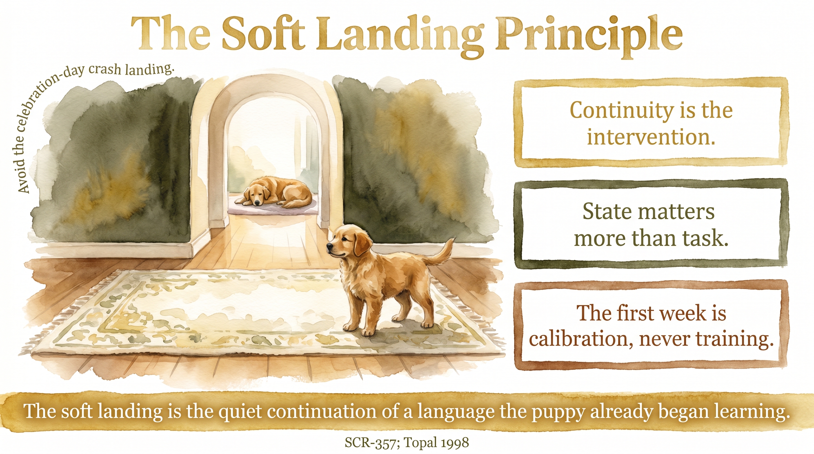 Infographic: The soft landing principle - first week as calm continuity, not a training event - Just Behaving Wiki