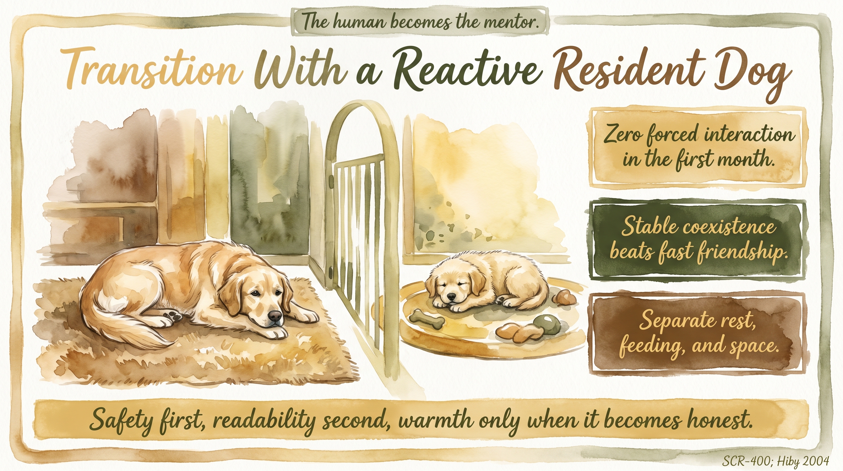 Infographic: Transition with a reactive resident dog - humans carry the mentor role - Just Behaving Wiki