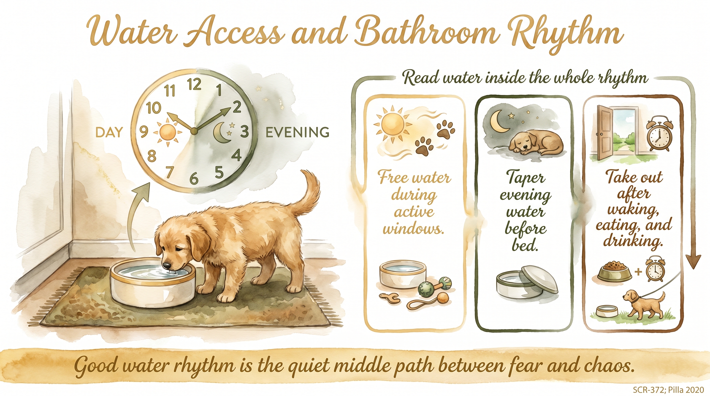 Infographic: Water access and bathroom rhythm - first-week hydration and potty timing - Just Behaving Wiki